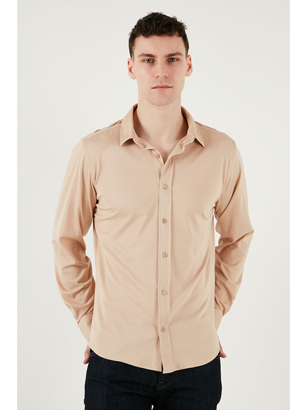 Bej Pamuklu Regular Fit Düz Yaka %100 Pamuk Gömlek CF25S119628-3