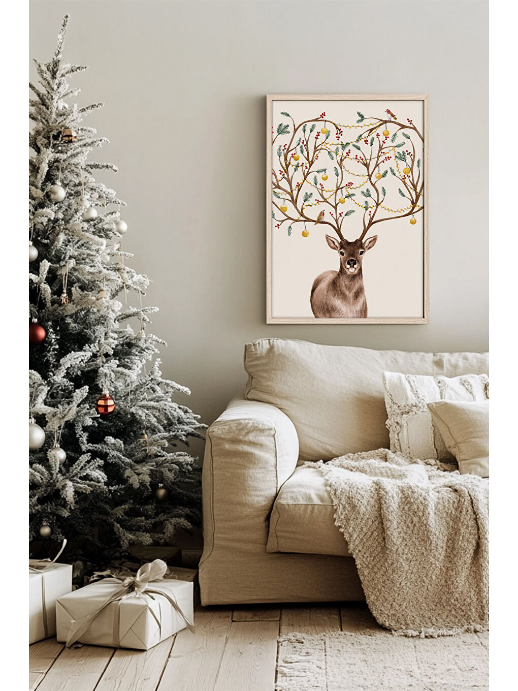 Beyaz Tek Parça Gerçek Ham Ahşap Çerçeveli Yılbaşı(New Year) Temalı Tablo - Model 69 - NWYEARSNGMDL69-3348-1