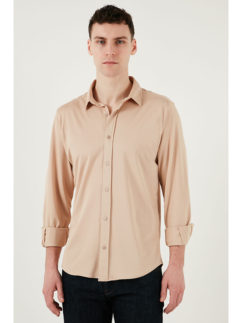 Bej Pamuklu Regular Fit Düz Yaka %100 Pamuk Gömlek CF25S119628-4