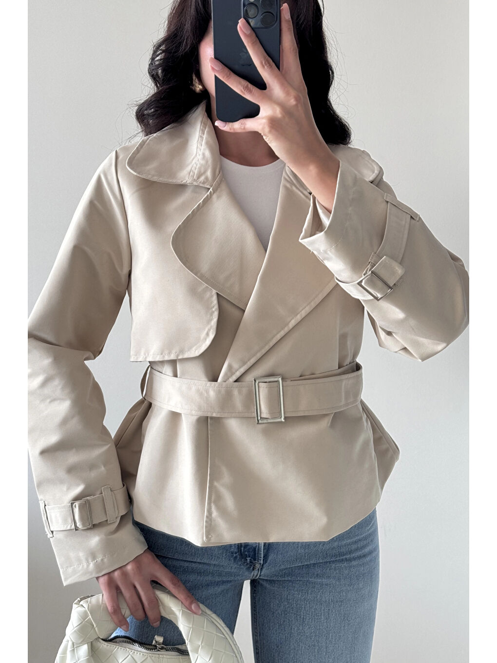 Kadın Ekru Kısa Trenç 1006-6061-3