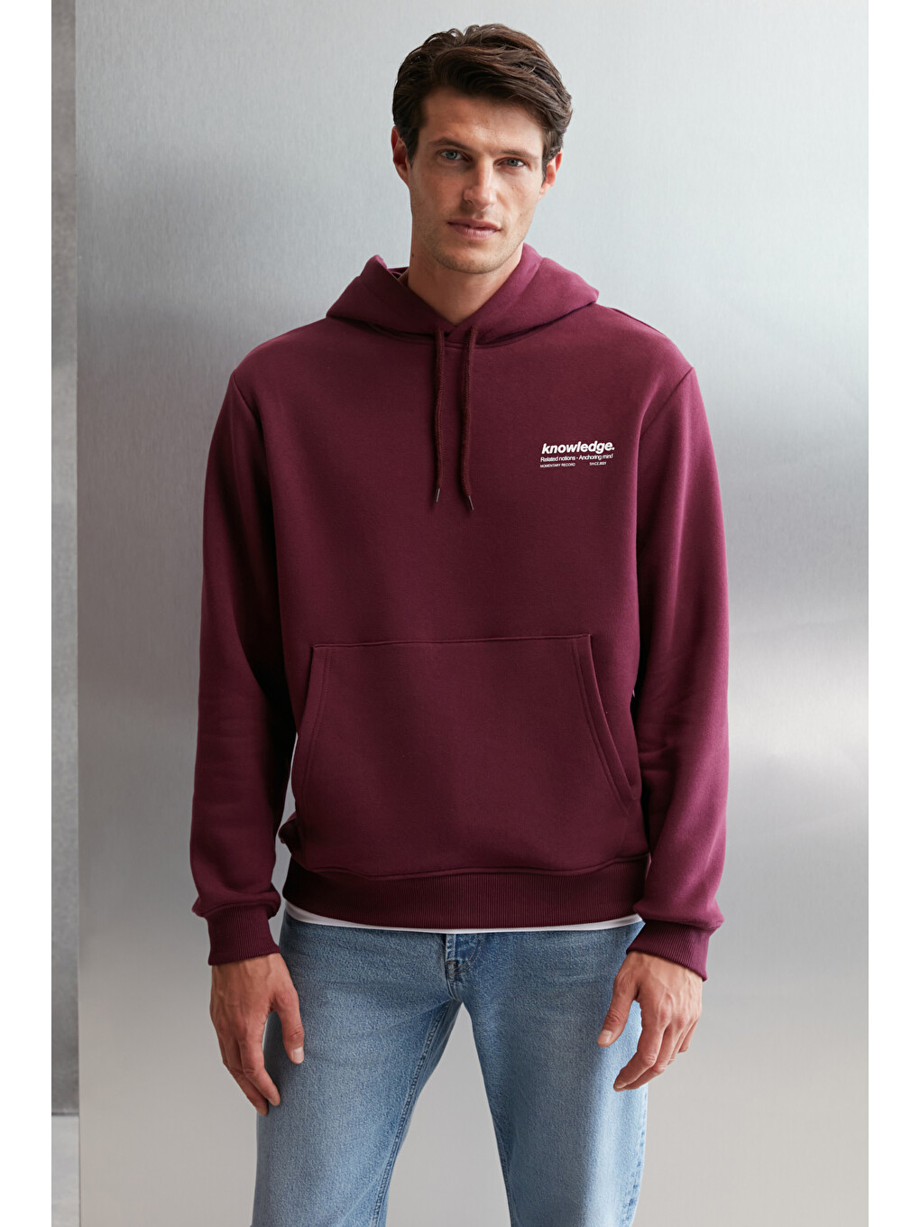 Erkek Yumuşacık İçi Polarlı Baskılı Regular Kordonlu Mor Sweatshirt