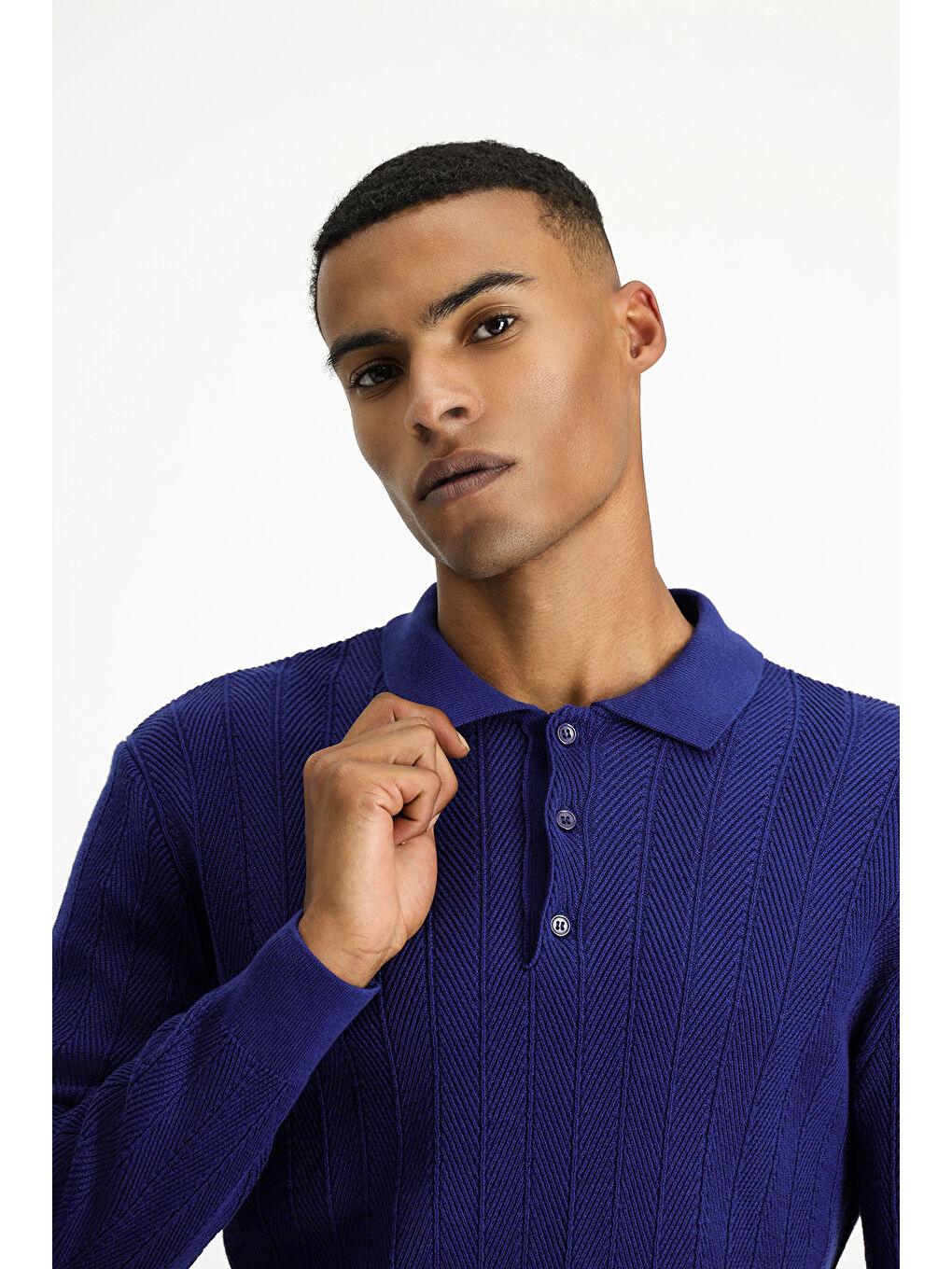 Lacivert Polo Yaka Slim Fit Dar Kesim Desenli Pamuklu Triko Kazak-1