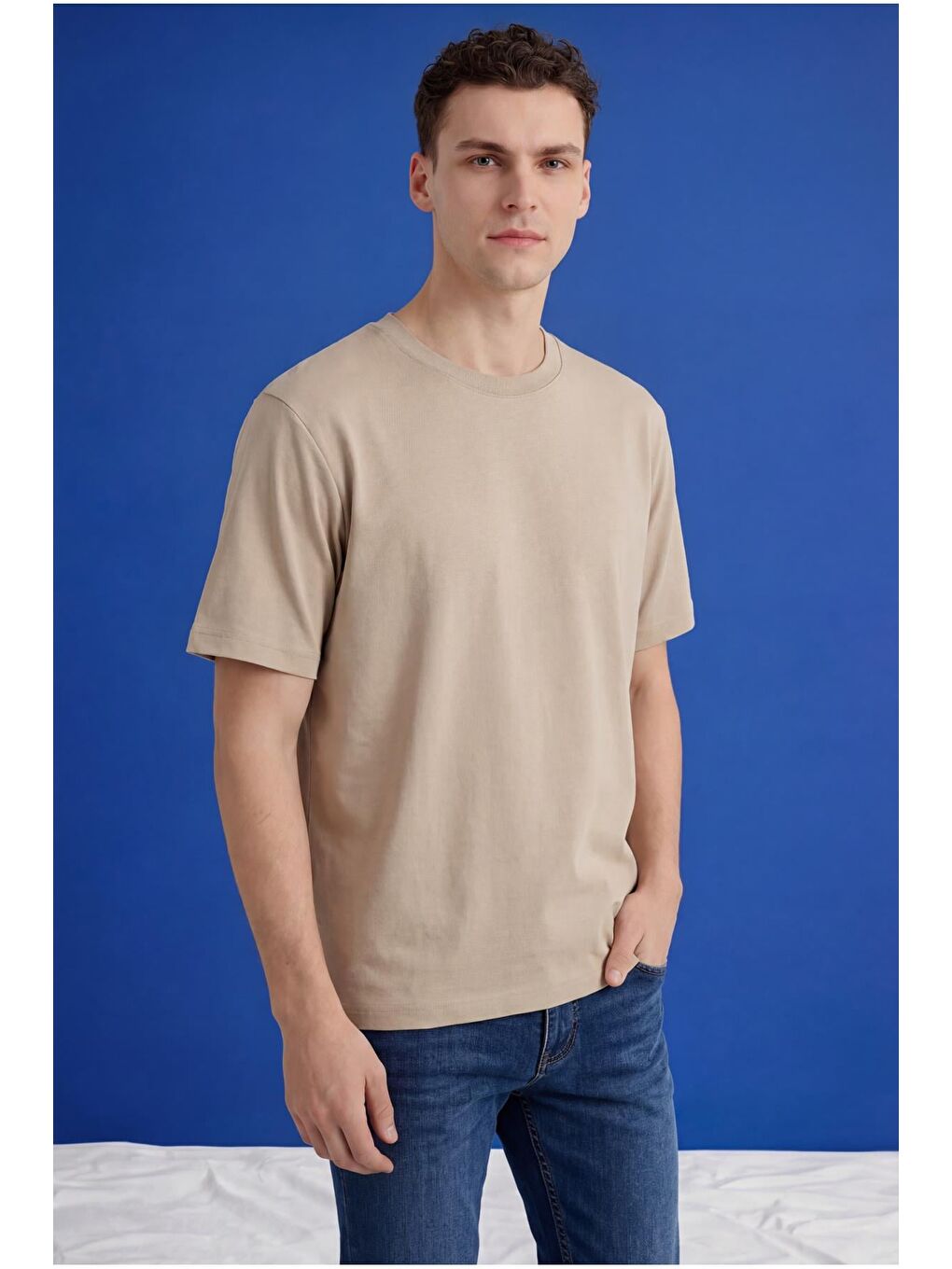 Bej Erkek Oversize Tişört Nefes Alan Yumuşak Dokulu Terletmeyen Rahat Kalıp Basic-2