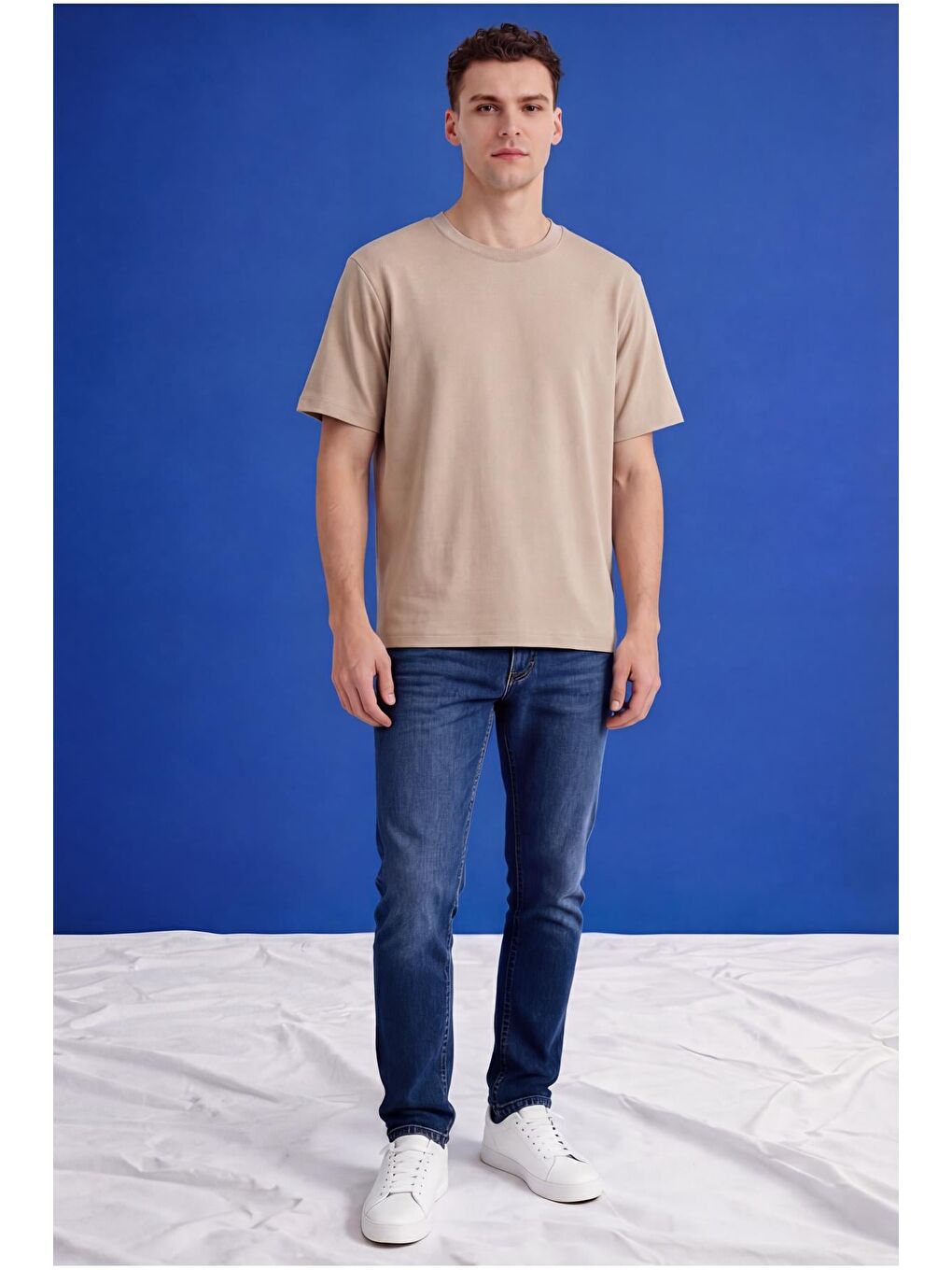 Bej Erkek Oversize Tişört Nefes Alan Yumuşak Dokulu Terletmeyen Rahat Kalıp Basic-3