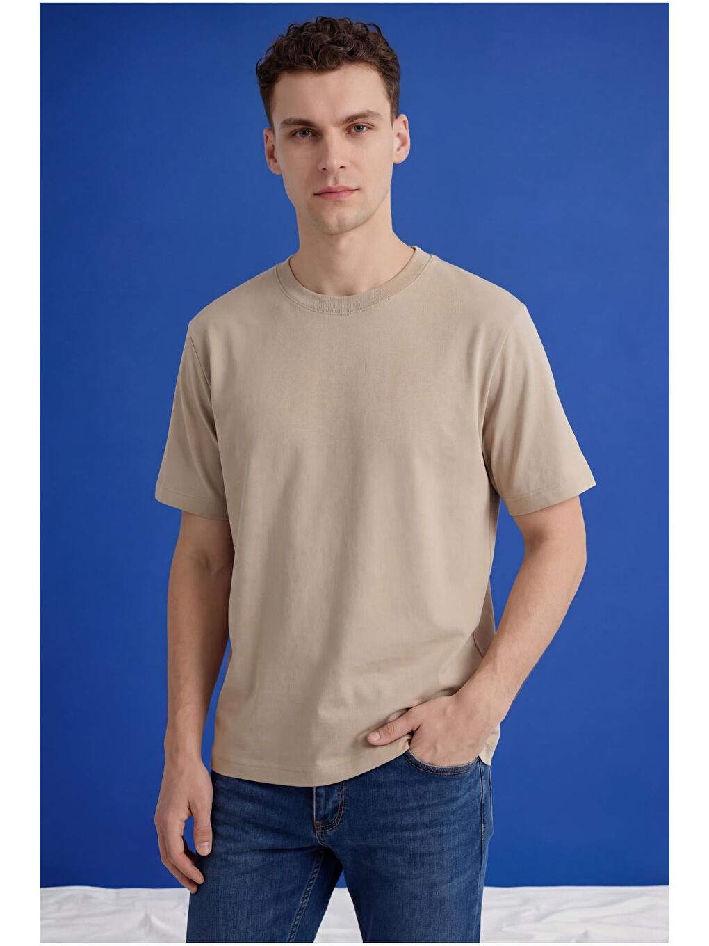 Bej Erkek Oversize Tişört Nefes Alan Yumuşak Dokulu Terletmeyen Rahat Kalıp Basic-6