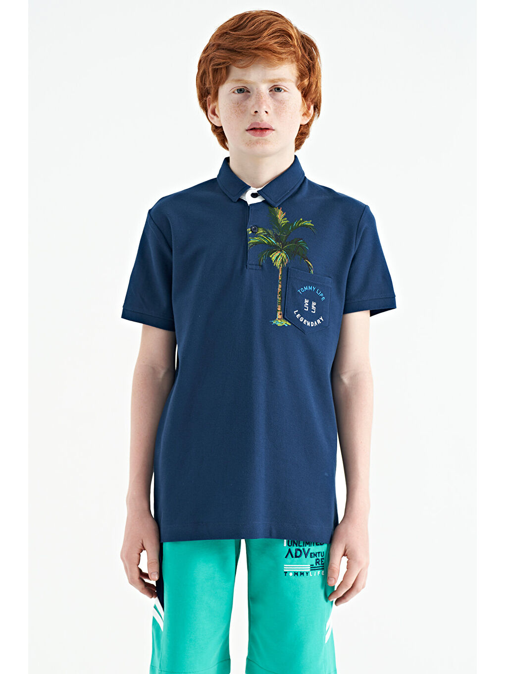 İndigo Baskılı Cep Detaylı Standart Kalıp Polo Yaka Erkek Çocuk Tişört - 11144