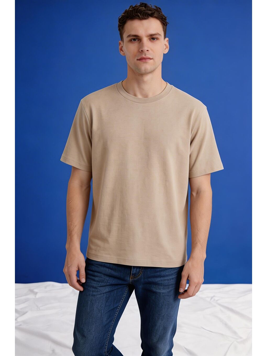 Bej Erkek Oversize Tişört Nefes Alan Yumuşak Dokulu Terletmeyen Rahat Kalıp Basic-7