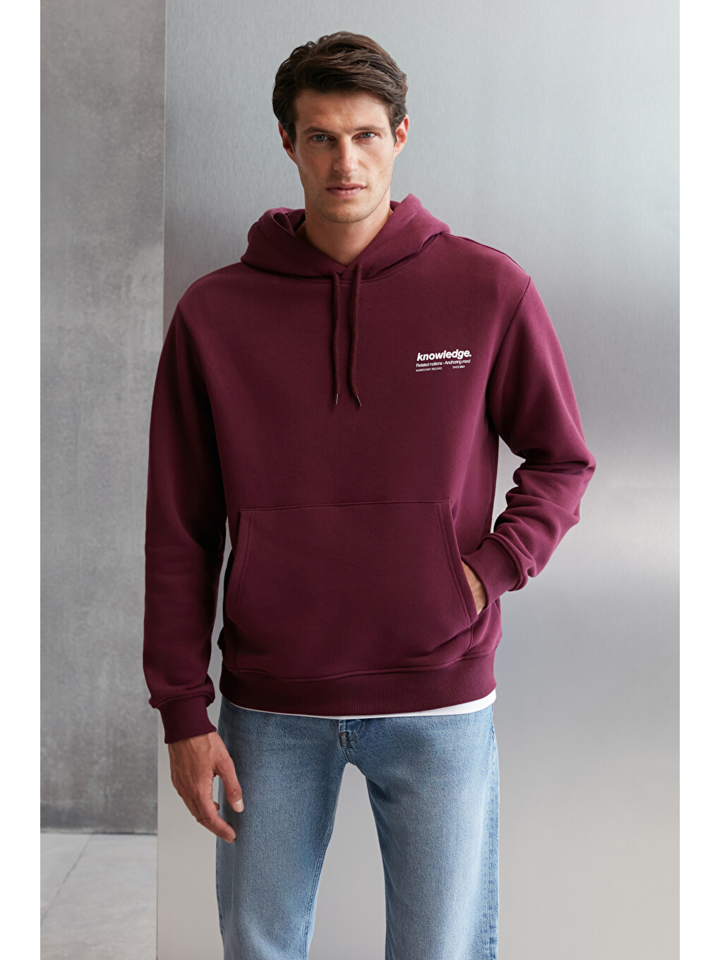 Erkek Yumuşacık İçi Polarlı Baskılı Regular Kordonlu Mor Sweatshirt-2