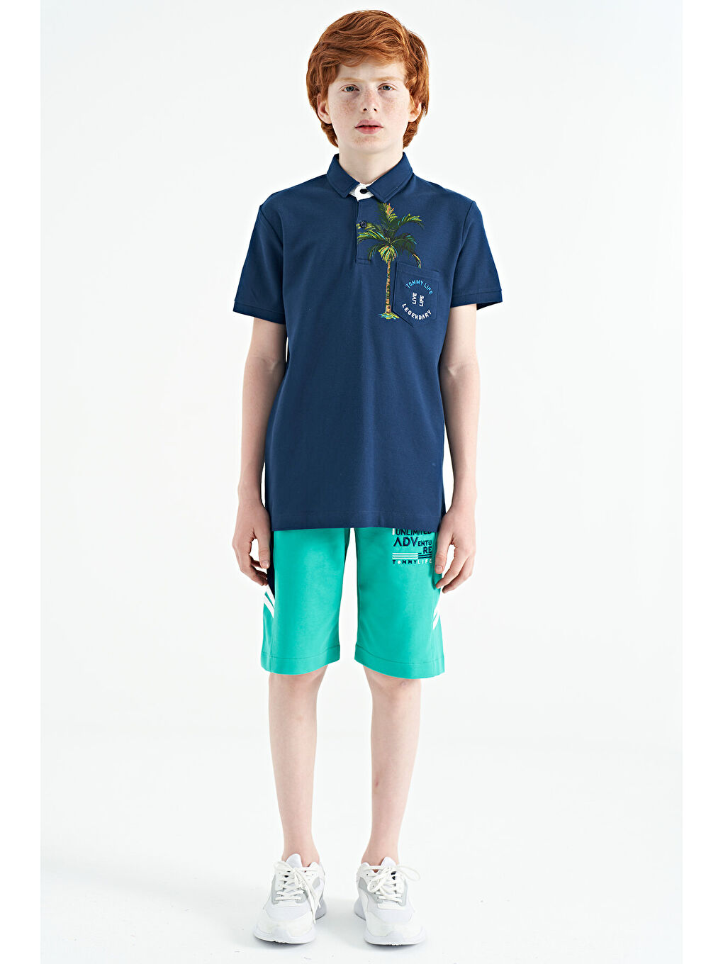 İndigo Baskılı Cep Detaylı Standart Kalıp Polo Yaka Erkek Çocuk Tişört - 11144-1