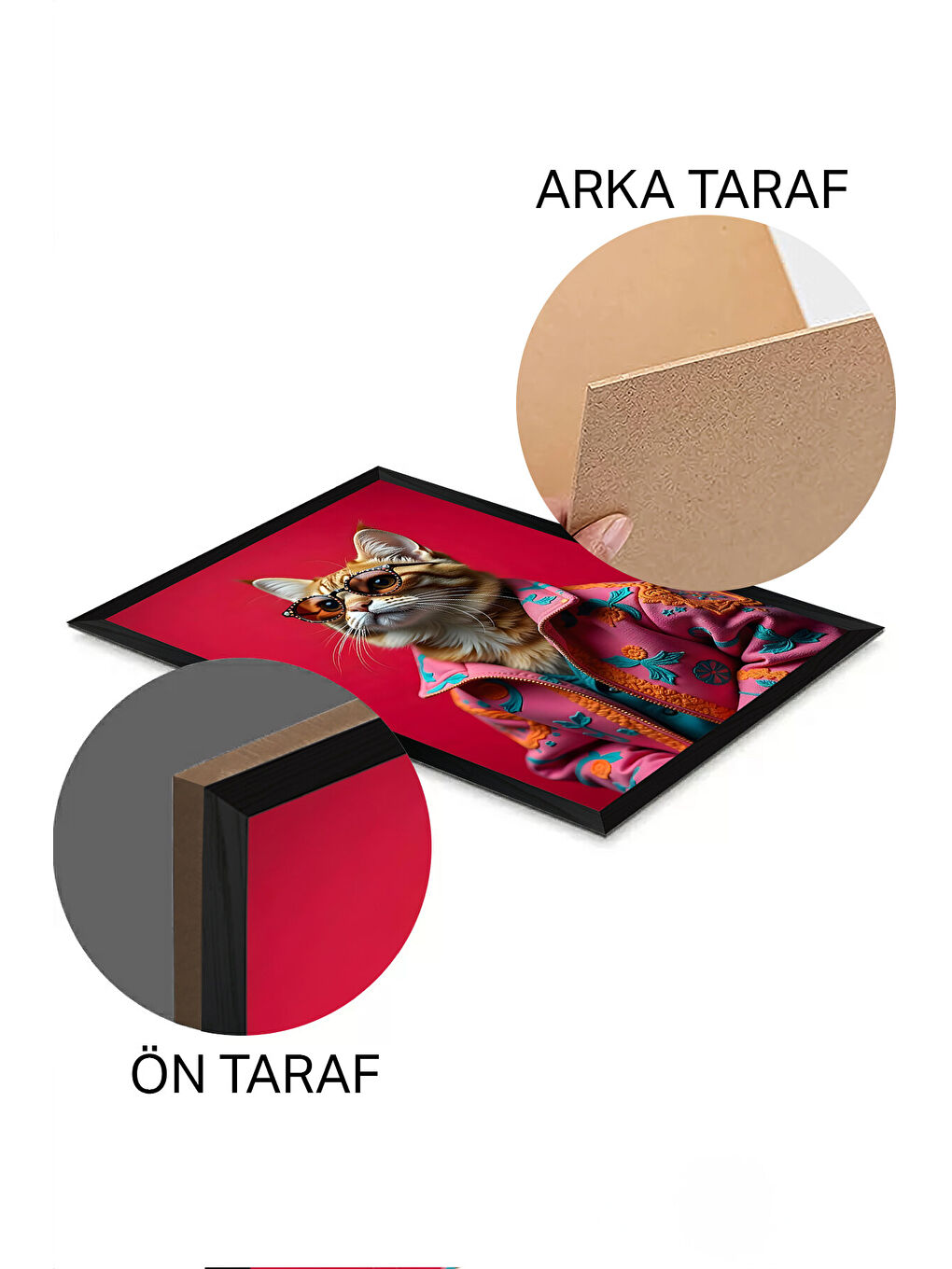 Beyaz Tek Parça Siyah Çerçeve Görünümlü Kedi Baskılı MDF 20x30 cm Tablo - Model 28-1