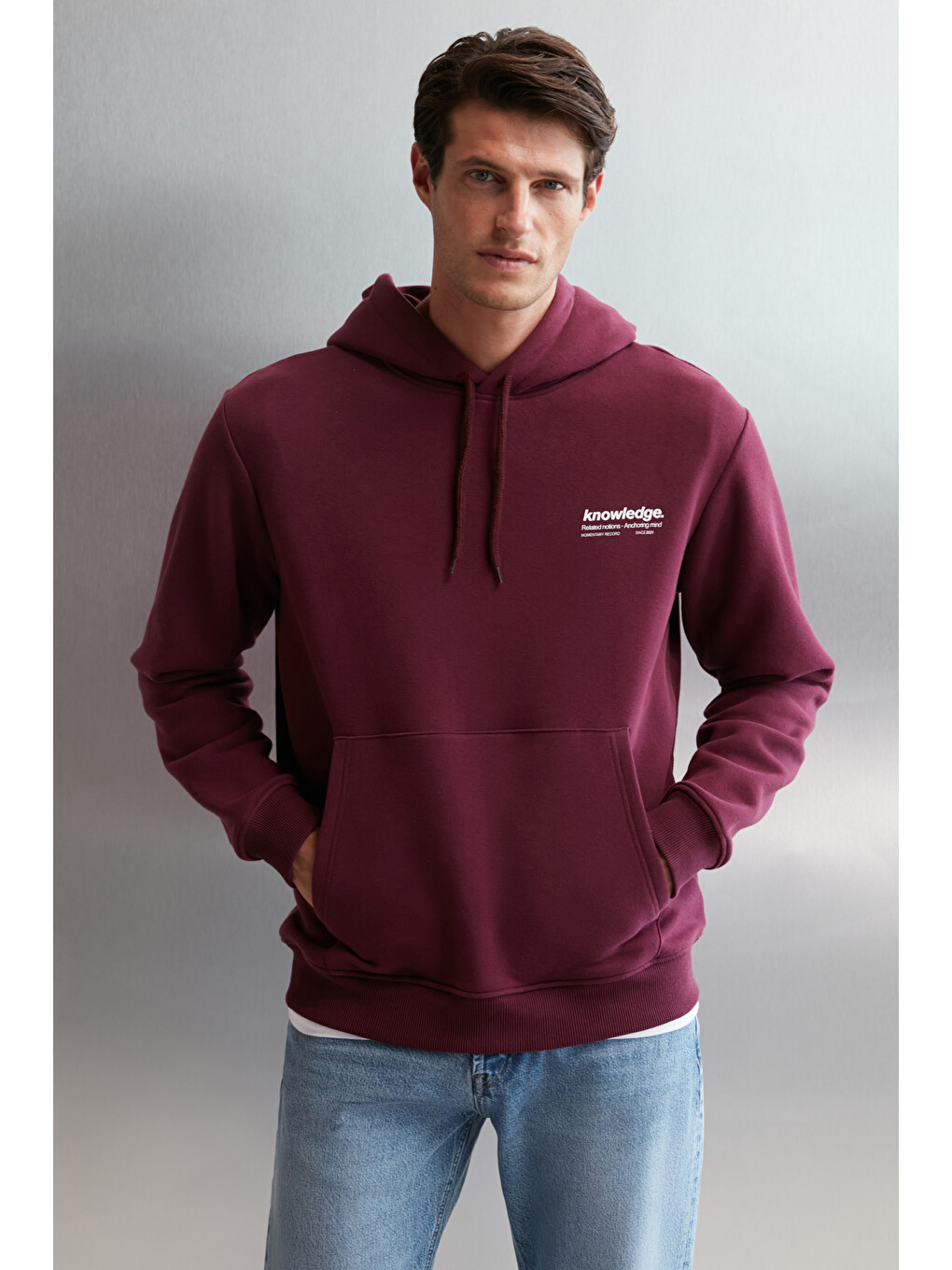 Erkek Yumuşacık İçi Polarlı Baskılı Regular Kordonlu Mor Sweatshirt-3