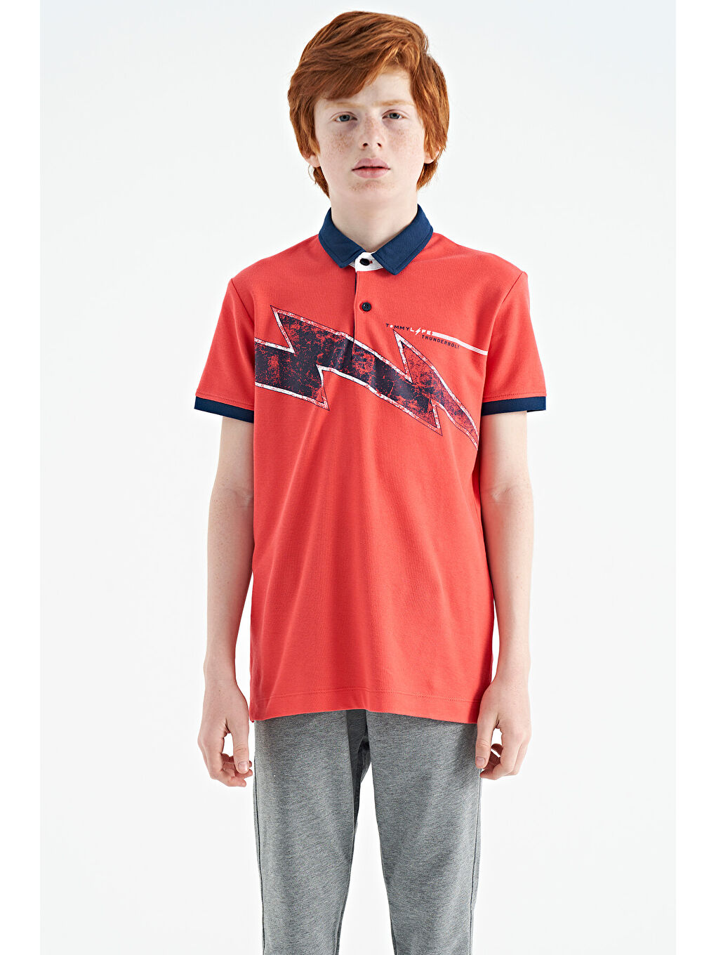 Kırmızı Coral Baskı Detaylı Standart Kalıp Polo Yaka Erkek Çocuk Tişört - 11154