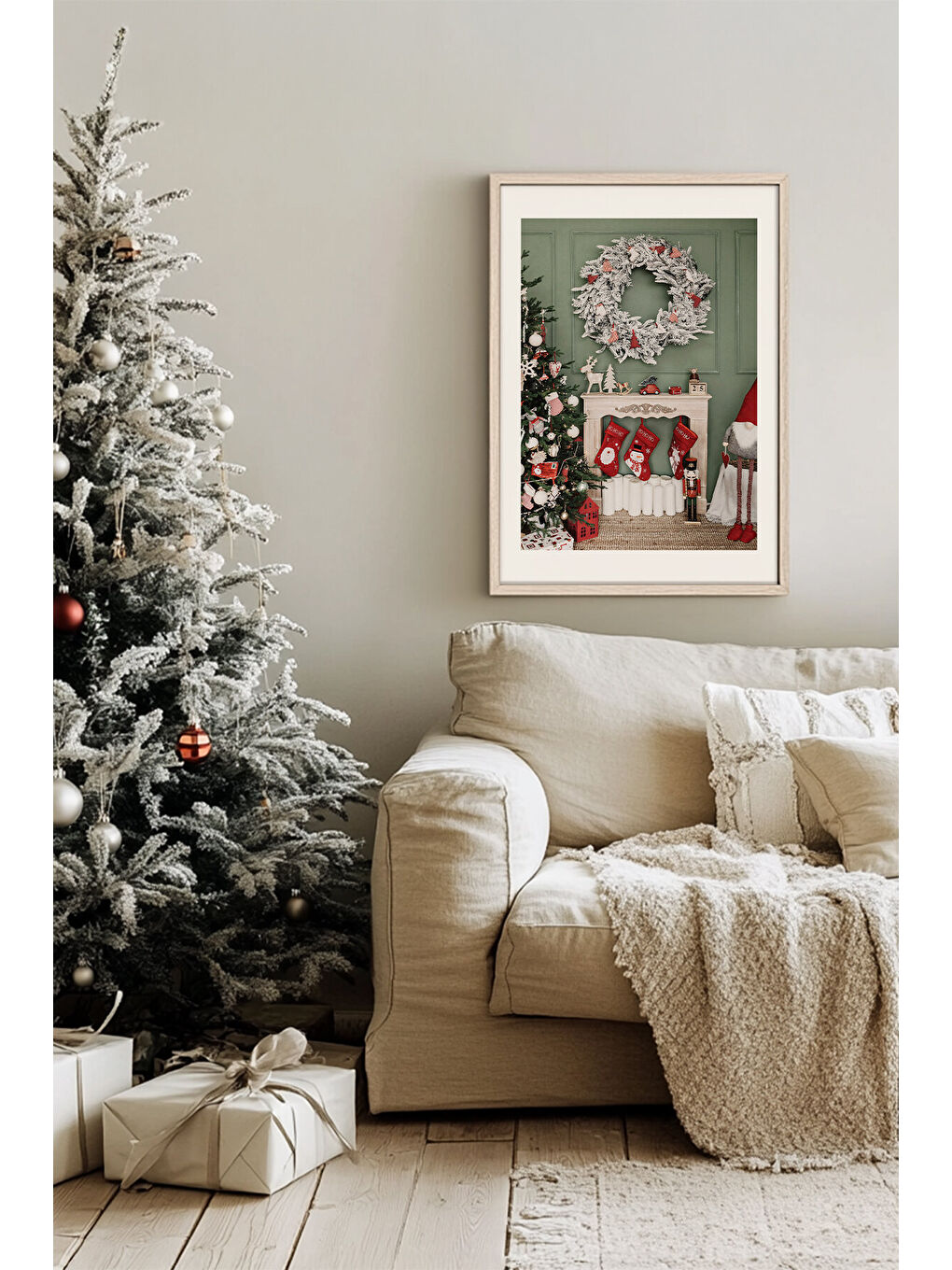 Beyaz Tek Parça Gerçek Ham Ahşap Çerçeveli Yılbaşı(New Year) Temalı Tablo - Model 52 - NWYEARSNGMDL52-5070-1