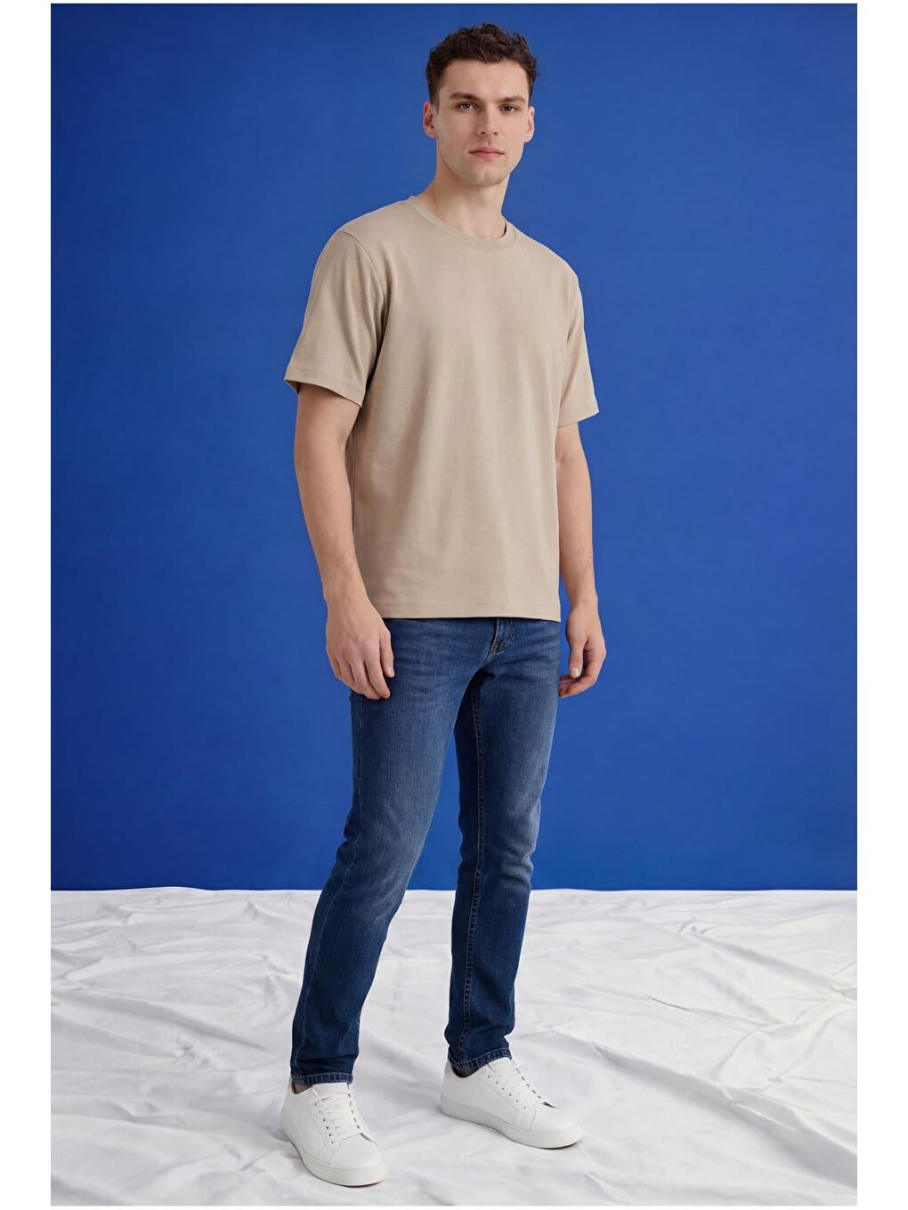 Bej Erkek Oversize Tişört Nefes Alan Yumuşak Dokulu Terletmeyen Rahat Kalıp Basic-10