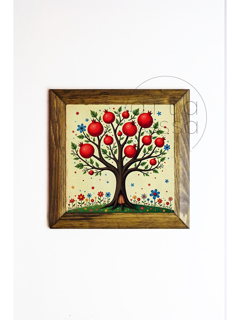 Beyaz Masif Ahşap Çerçeveli Taş Tablo Pano 26 x 26 cm - Nar Bereket Ağacı - 26 x 26-1