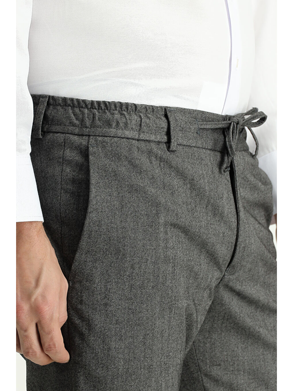 Gri Slim Fit Dar Kesim Elastanlı Beli Lastikli İpli Klasik Kumaş Pantolon-2