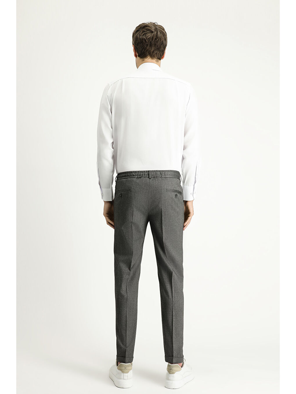 Gri Slim Fit Dar Kesim Elastanlı Beli Lastikli İpli Klasik Kumaş Pantolon-3