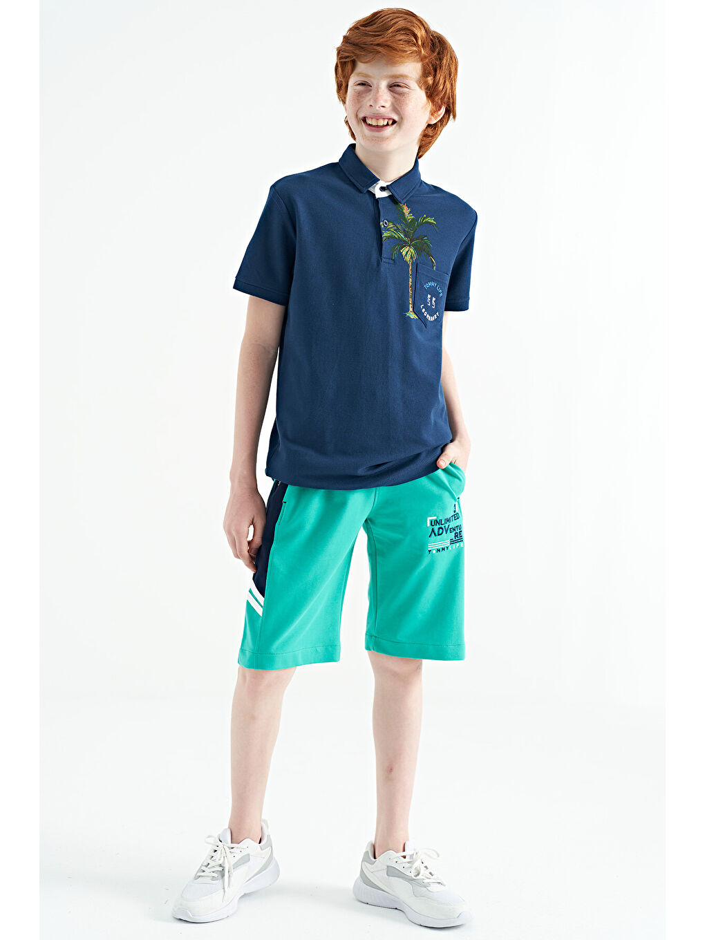 İndigo Baskılı Cep Detaylı Standart Kalıp Polo Yaka Erkek Çocuk Tişört - 11144-3