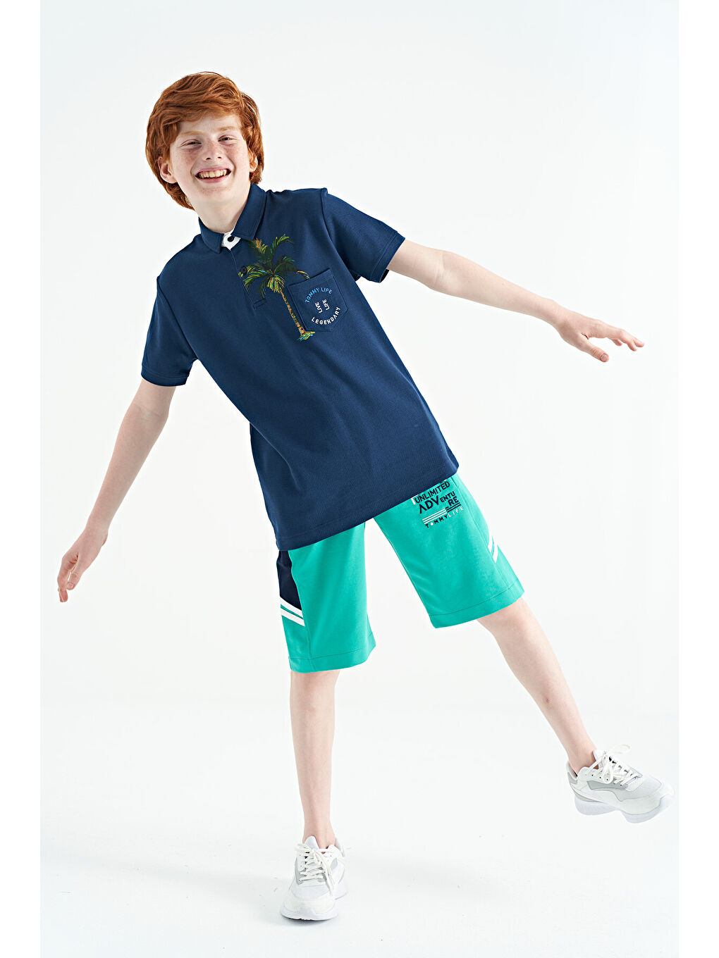 İndigo Baskılı Cep Detaylı Standart Kalıp Polo Yaka Erkek Çocuk Tişört - 11144-4