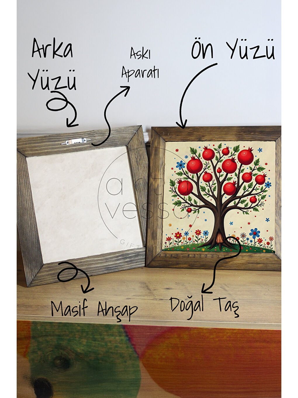 Beyaz Masif Ahşap Çerçeveli Taş Tablo Pano 26 x 26 cm - Nar Bereket Ağacı - 26 x 26-2