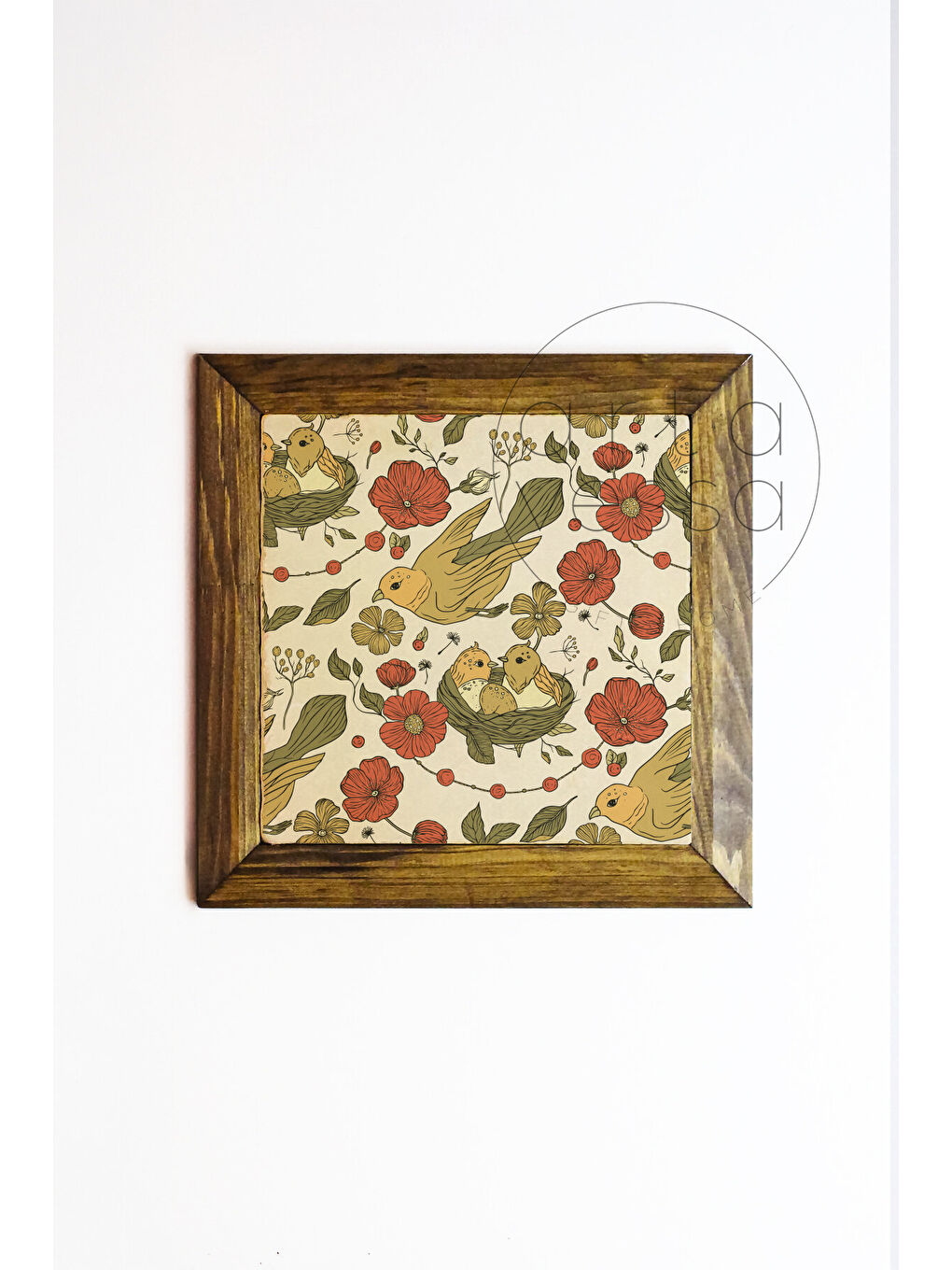 Beyaz Masif Ahşap Çerçeveli Taş Tablo Pano 26 x 26 cm - Bahar ve Kuşlar 4 - 16 x 16-1