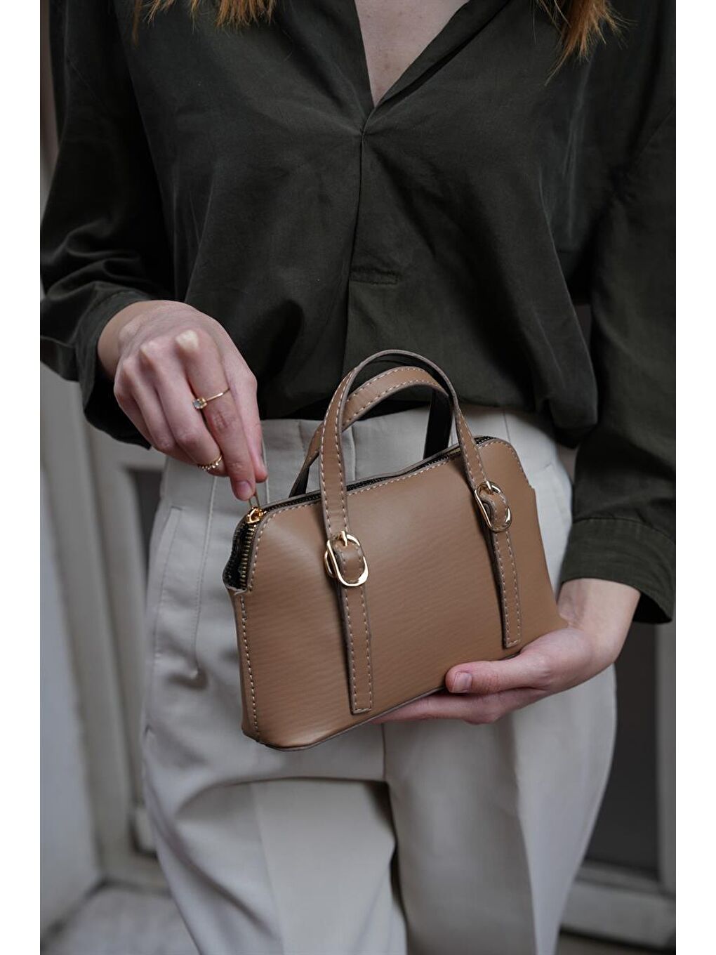 Bej Cosmos Çift Tokalı El Ve Çapraz Askılı Kadın Çanta - Koyu Vizon-5