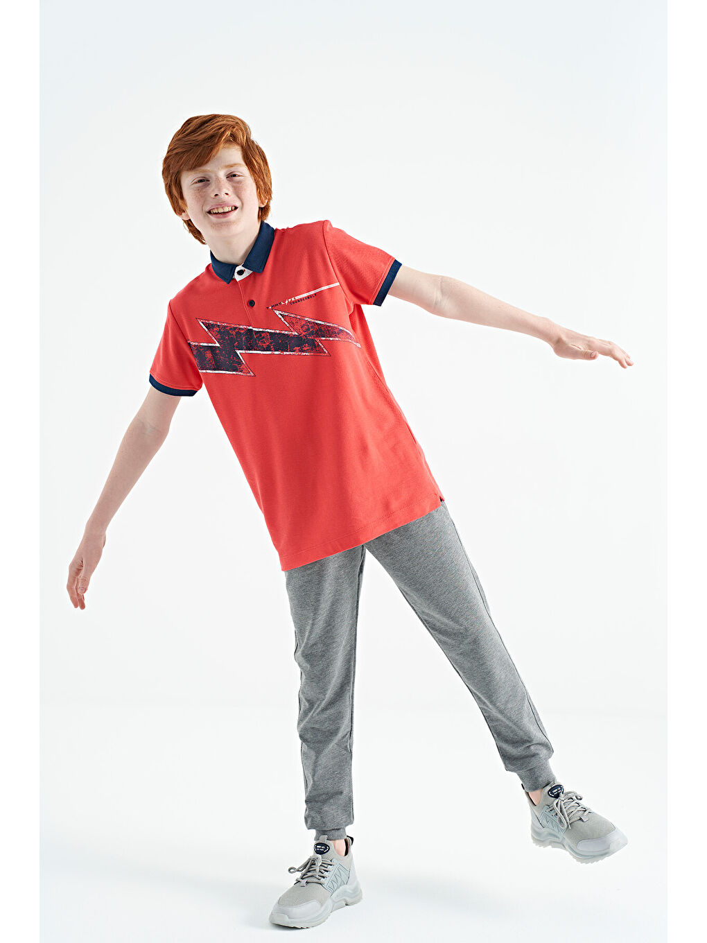 Kırmızı Coral Baskı Detaylı Standart Kalıp Polo Yaka Erkek Çocuk Tişört - 11154-4