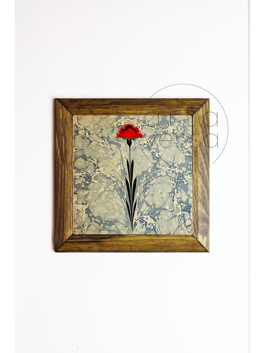 Beyaz Masif Ahşap Çerçeveli Taş Tablo Pano 26 x 26 cm - Ebru Sanatı 2 - 26 x 26-1