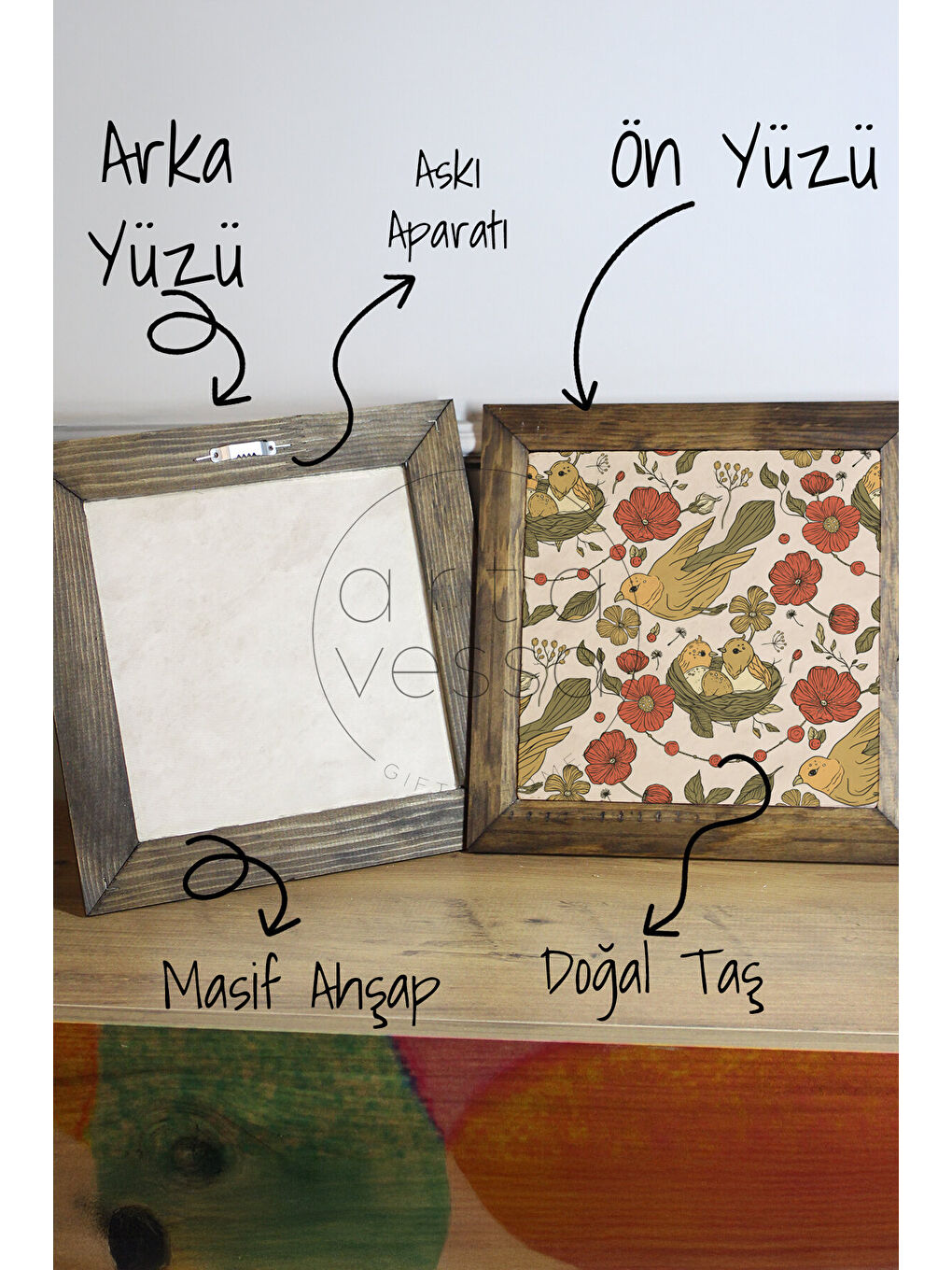 Beyaz Masif Ahşap Çerçeveli Taş Tablo Pano 26 x 26 cm - Bahar ve Kuşlar 4 - 16 x 16-2