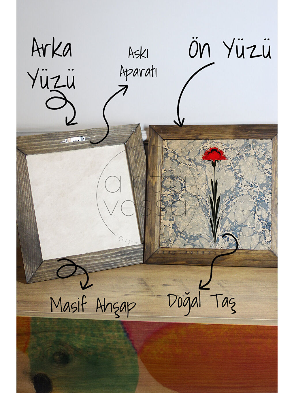 Beyaz Masif Ahşap Çerçeveli Taş Tablo Pano 26 x 26 cm - Ebru Sanatı 2 - 26 x 26-2