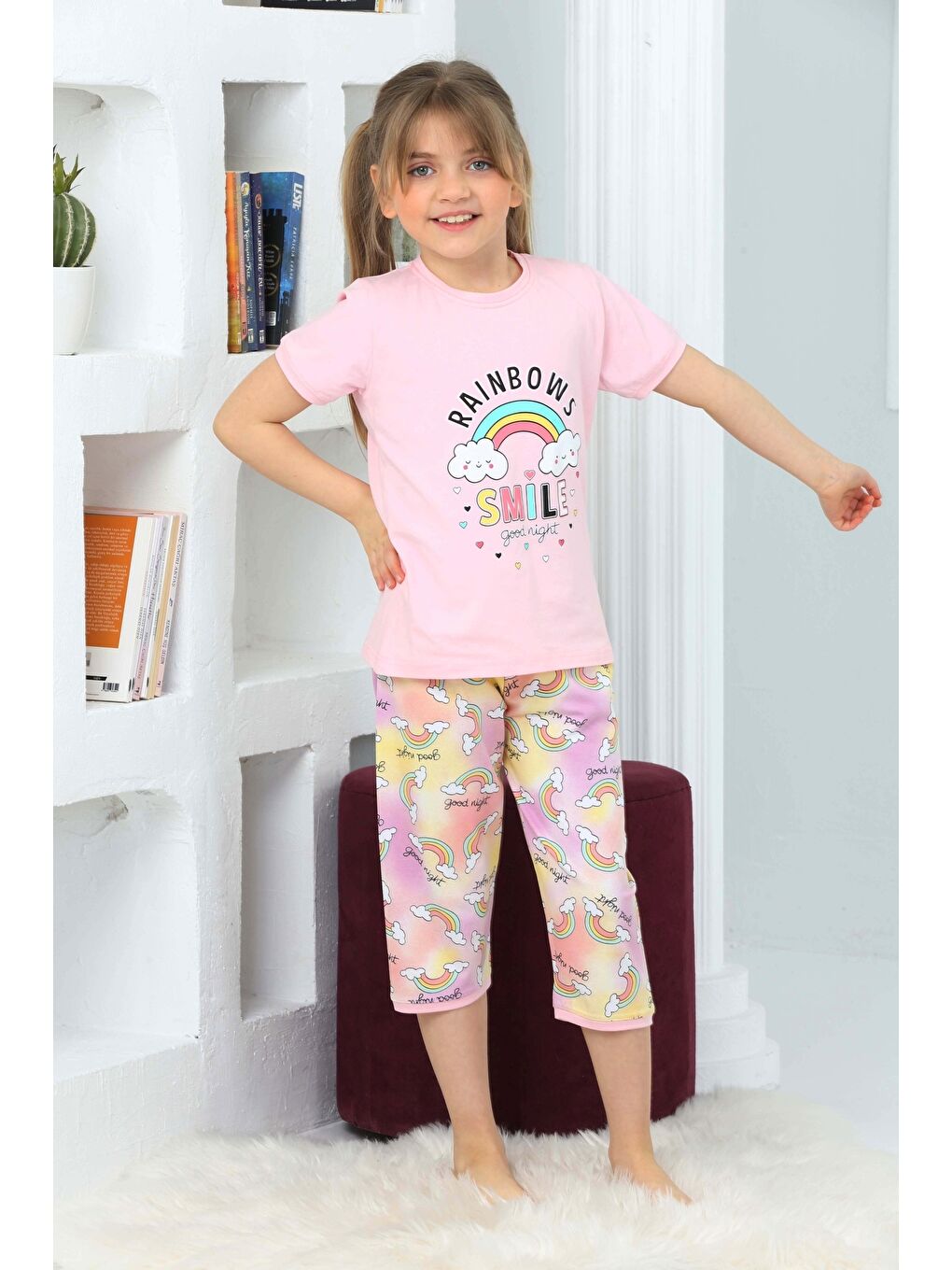 Kapi Kids Pembe Kız Çocuk Kaprili-Gökkuşağı Baskılı Pijama Takımı Mnx 6100-01