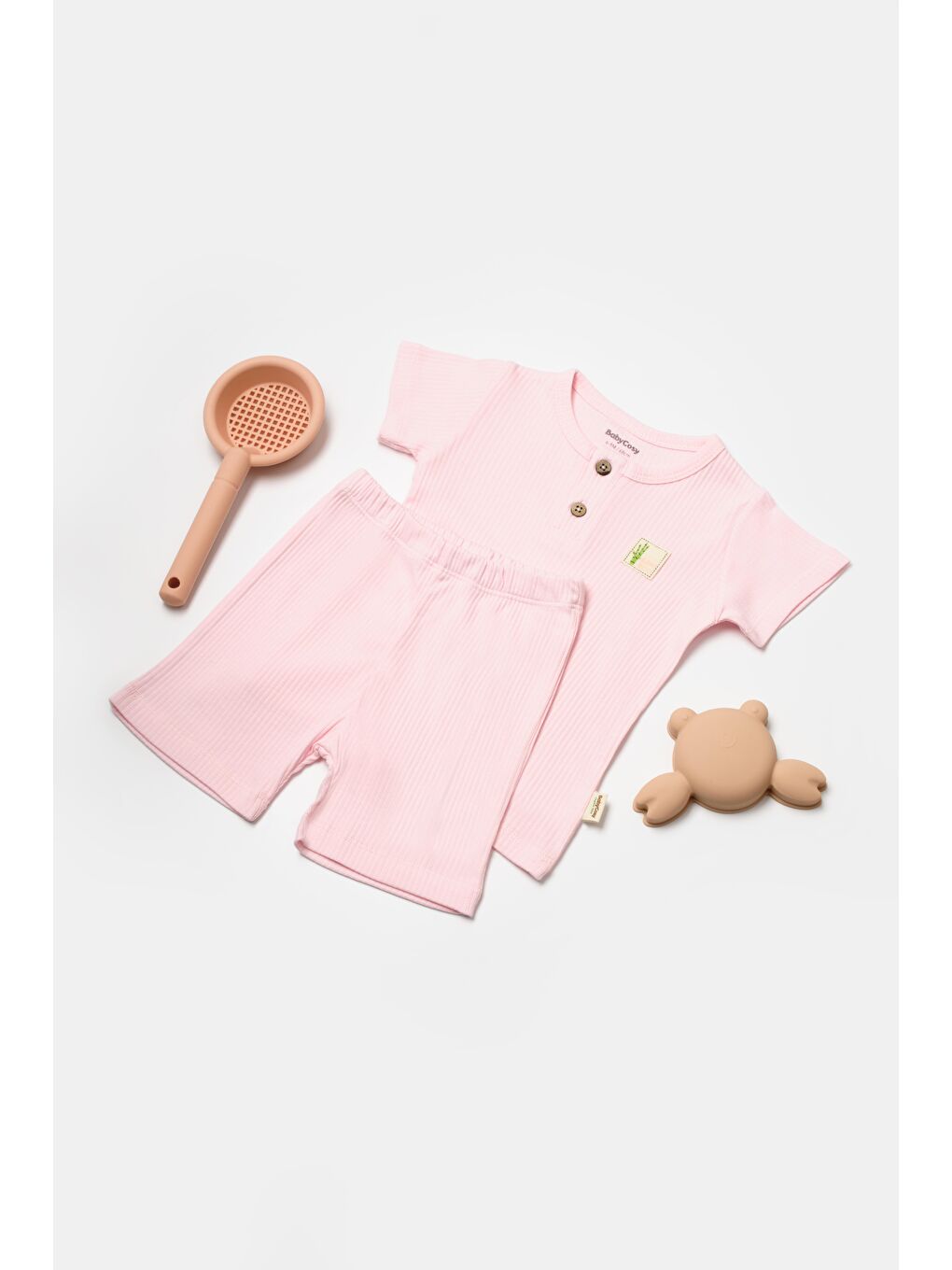 Pembe Kız Bebek Pamuklu  Ribana Düğmeli T-Shirt Ve Şort Takım
