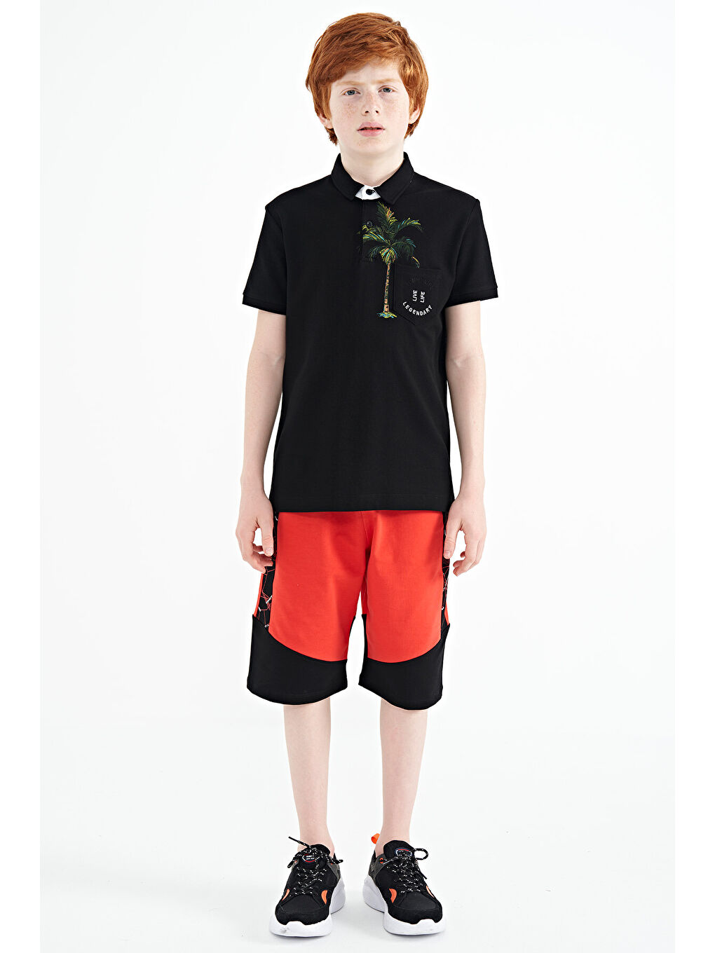 Siyah Baskılı Cep Detaylı Standart Kalıp Polo Yaka Erkek Çocuk Tişört - 11144-1