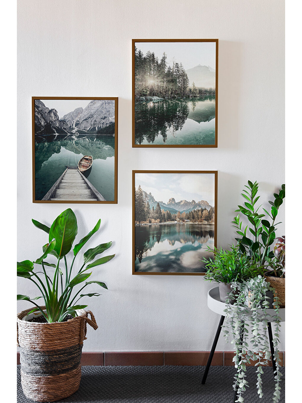 Beyaz 3 Parça Kahverengi Gerçek Ahşap Çerçeveli Tablo Seti - Model 1 - ERSY3KHVCRV1-3348