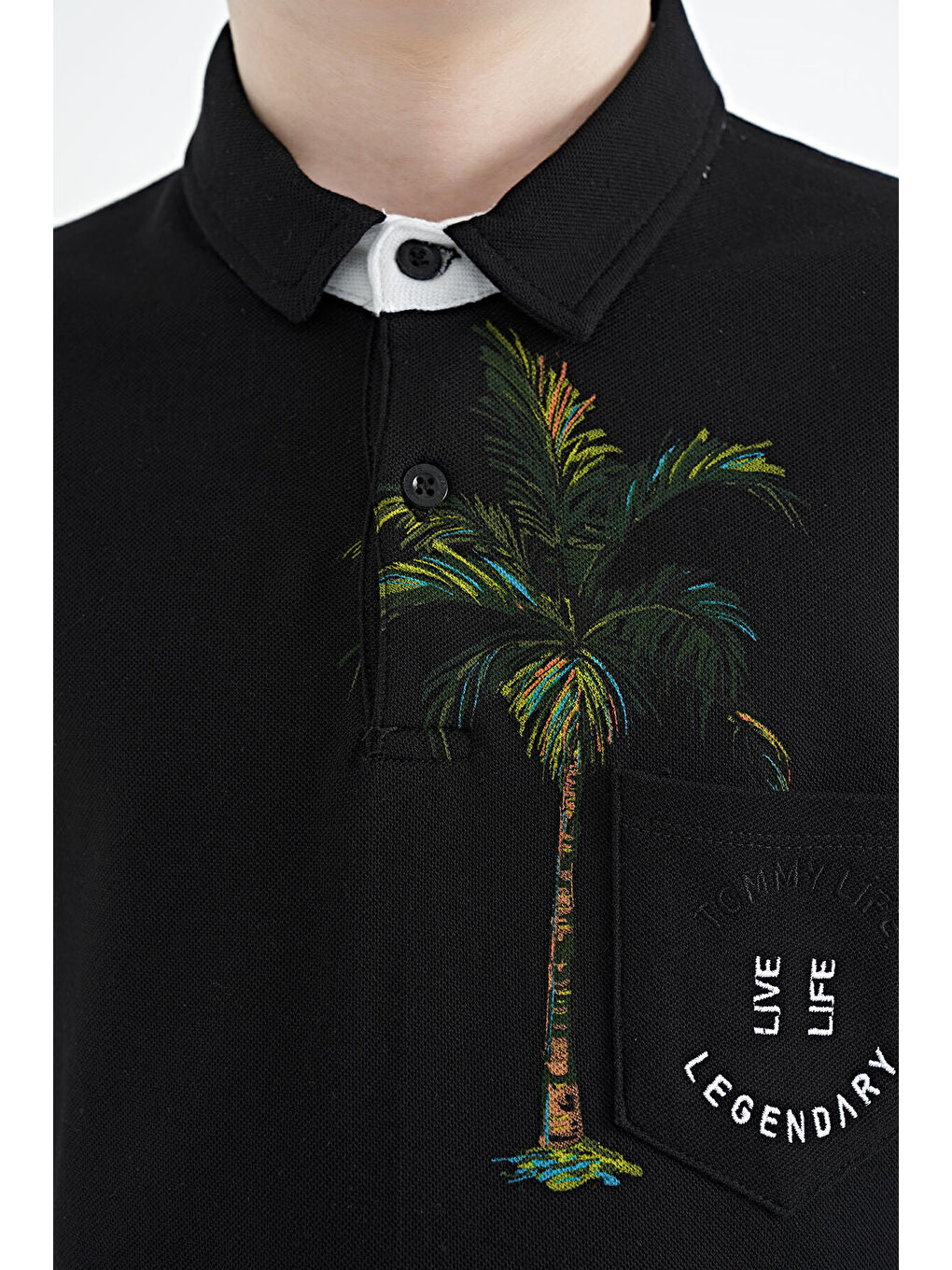 Siyah Baskılı Cep Detaylı Standart Kalıp Polo Yaka Erkek Çocuk Tişört - 11144-2