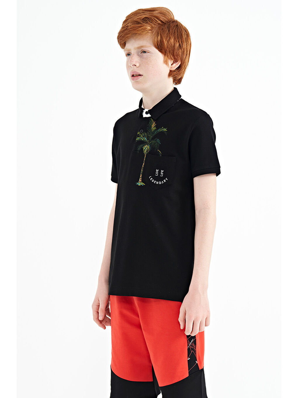 Siyah Baskılı Cep Detaylı Standart Kalıp Polo Yaka Erkek Çocuk Tişört - 11144-3