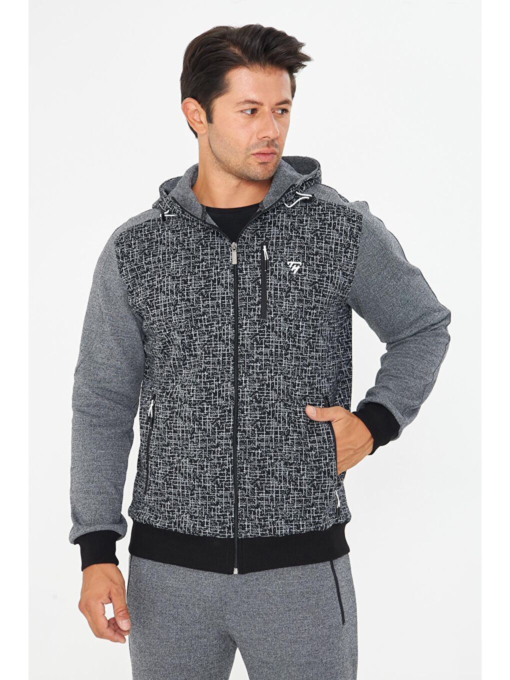 Erkek Tam Fermuarlı Kapüşonlu Eşofman Takımı Antrasit 5754-A-1