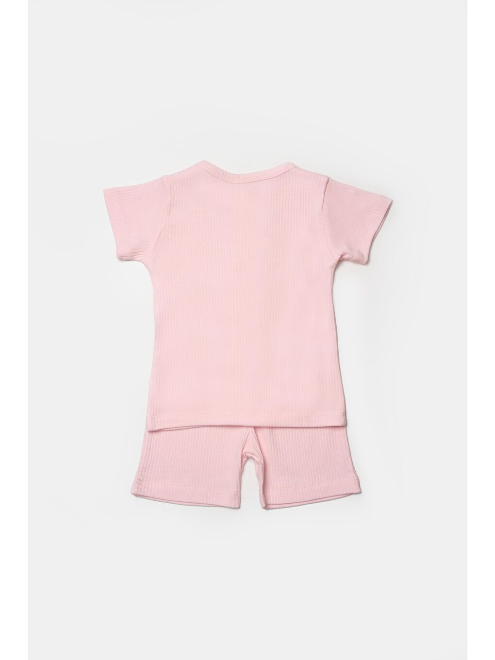 Pembe Kız Bebek Pamuklu  Ribana Düğmeli T-Shirt Ve Şort Takım-2