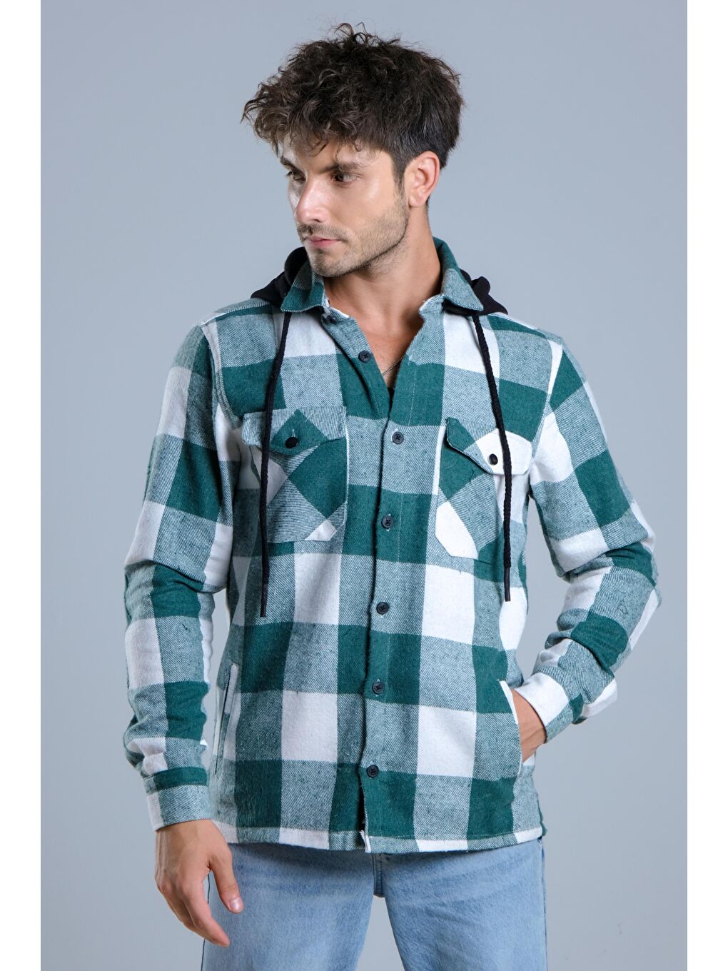 Yeşil Çıkarılabilir Kapüşonlu Cepli Kışlık Erkek Oduncu Gömlek MAR4170-1