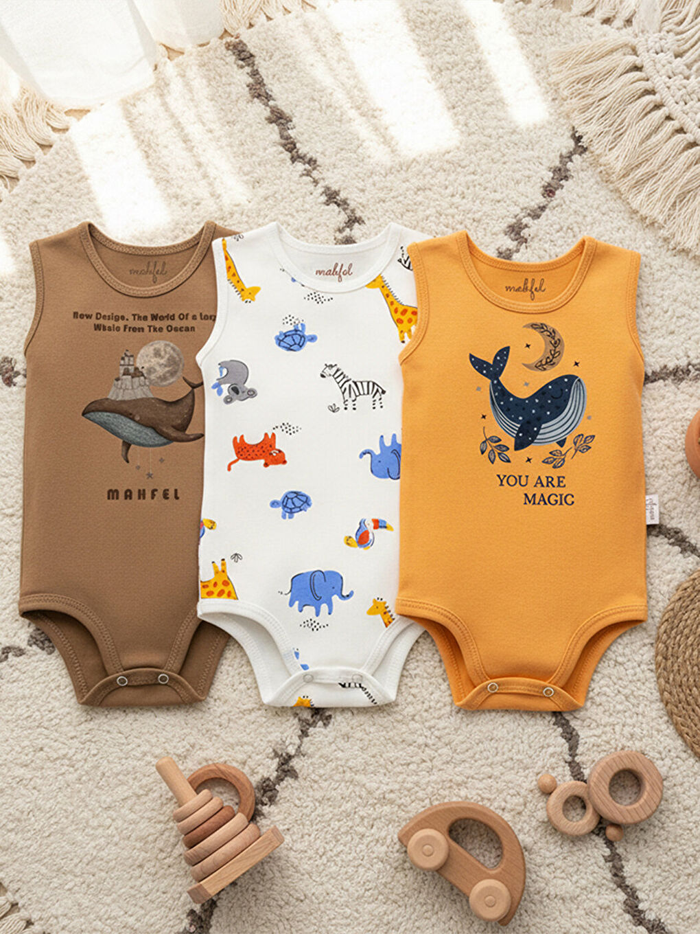 Kahverengi %100 Pamuklu 3'lü Atlet Çıtçıtlı Bebek Body Zıbın 807-805-2