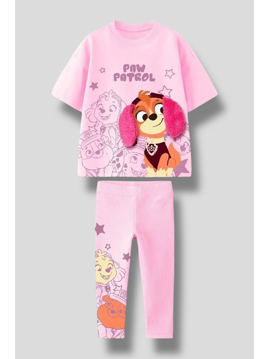 Pembe Kız Çocuk Paw Patrol Karakter Baskılı 2'Li Takım - Kulak Detaylı Tişört Ve Desenli Tayt