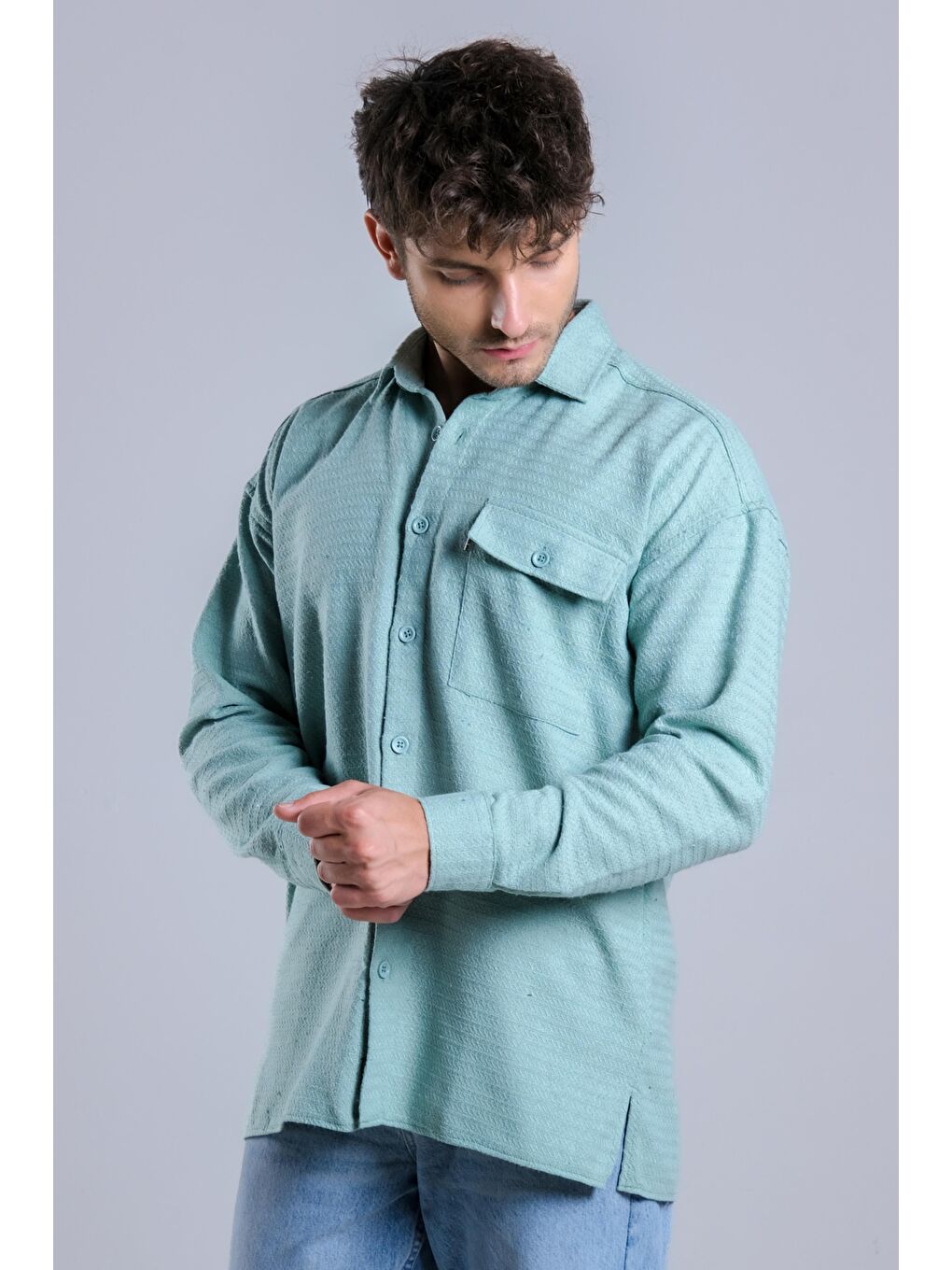 Turkuaz Oversize Tek Cepli Örme Gömlek MAR Over22-3