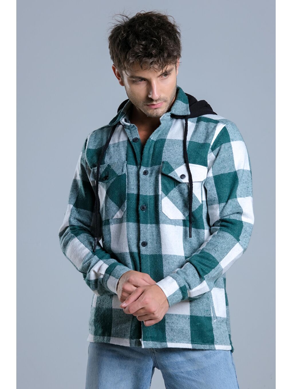 Yeşil Çıkarılabilir Kapüşonlu Cepli Kışlık Erkek Oduncu Gömlek MAR4170-2