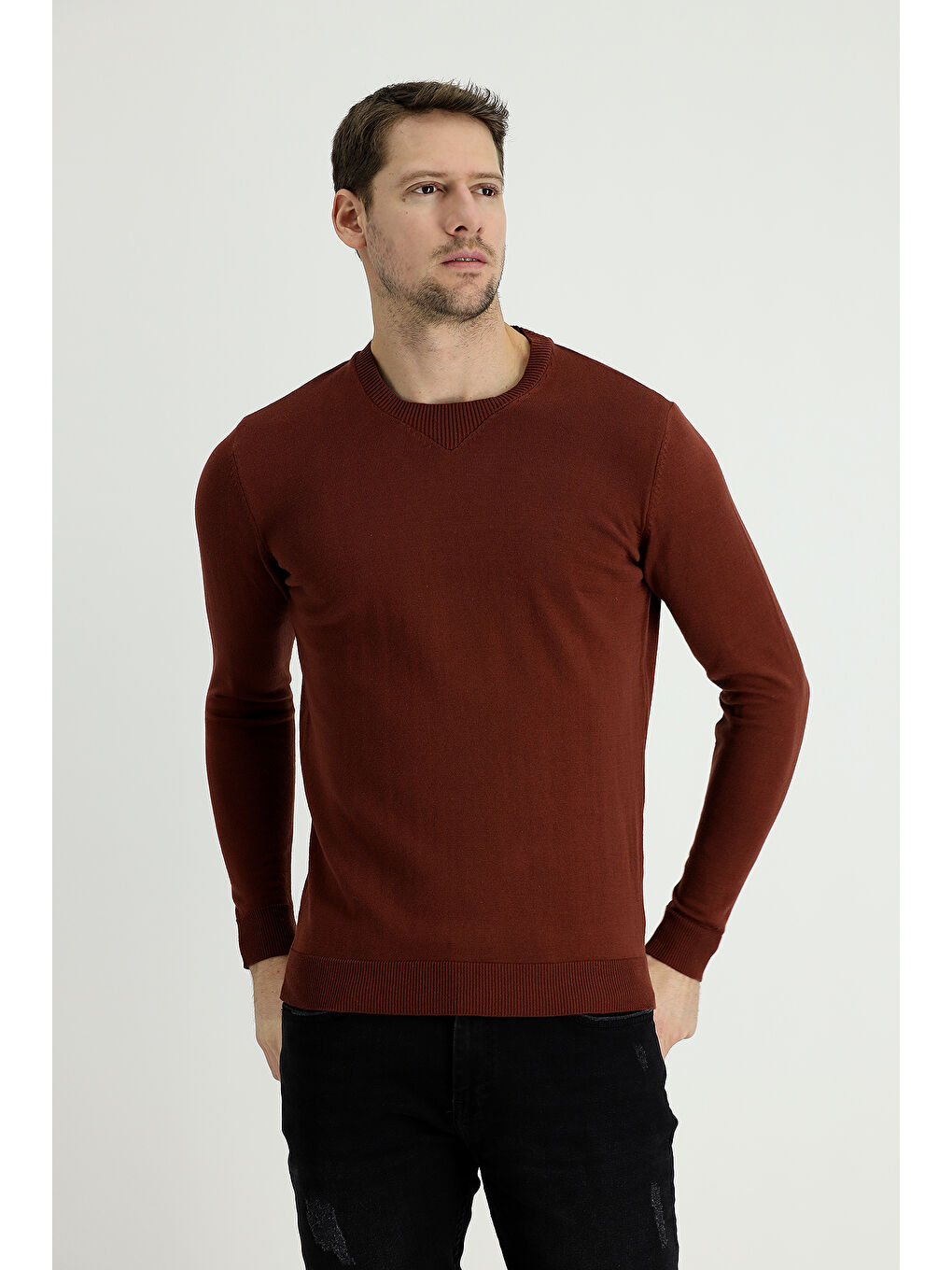 Kahverengi Bisiklet Yaka Slim Fit Dar Kesim Pamuklu Triko Kazak