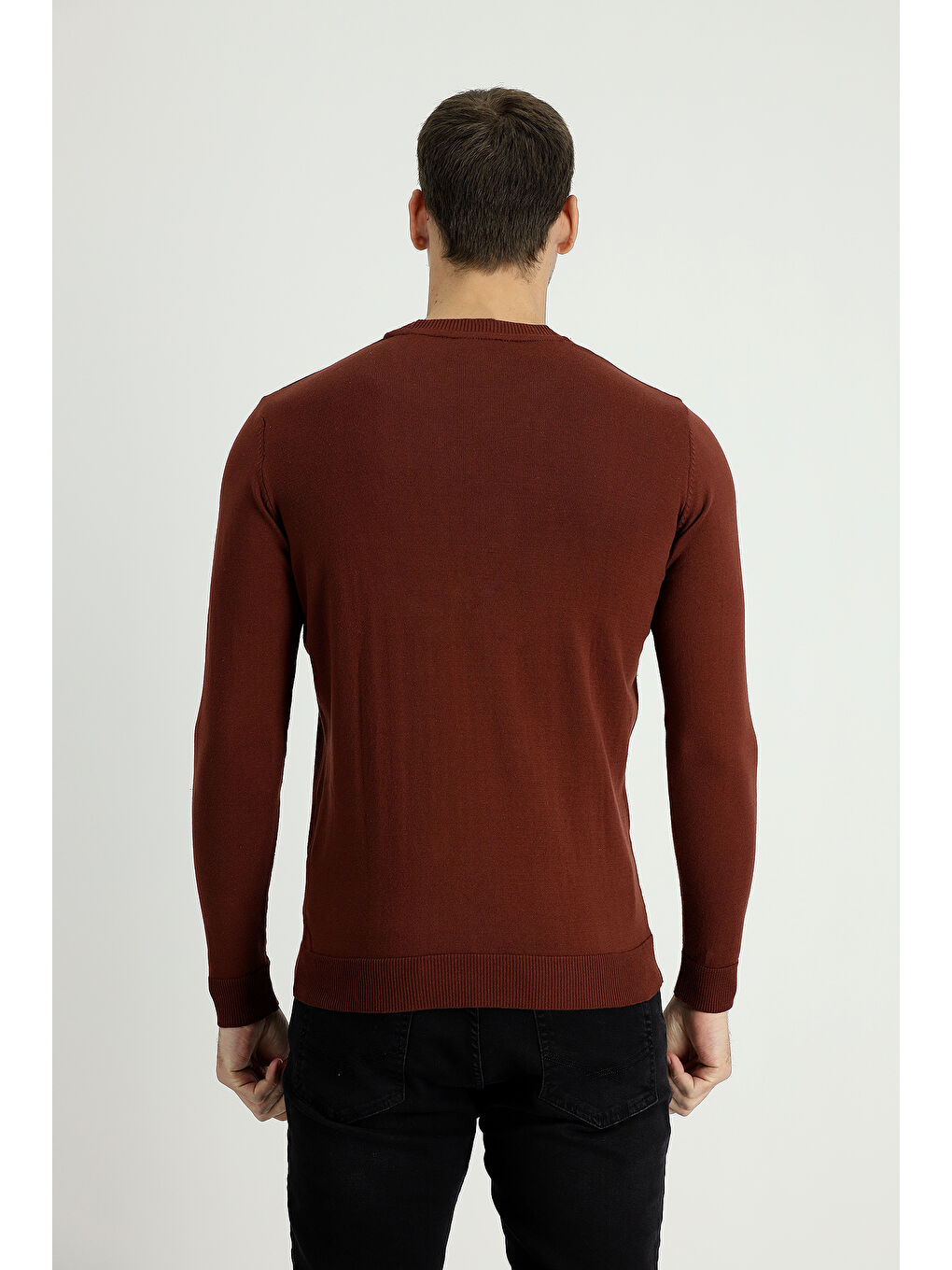 Kahverengi Bisiklet Yaka Slim Fit Dar Kesim Pamuklu Triko Kazak-1