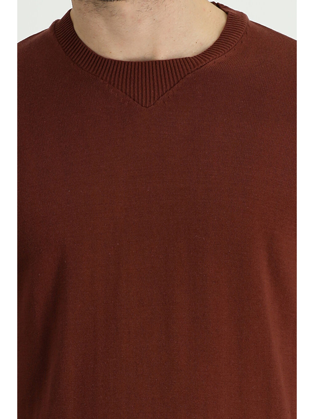 Kahverengi Bisiklet Yaka Slim Fit Dar Kesim Pamuklu Triko Kazak-2