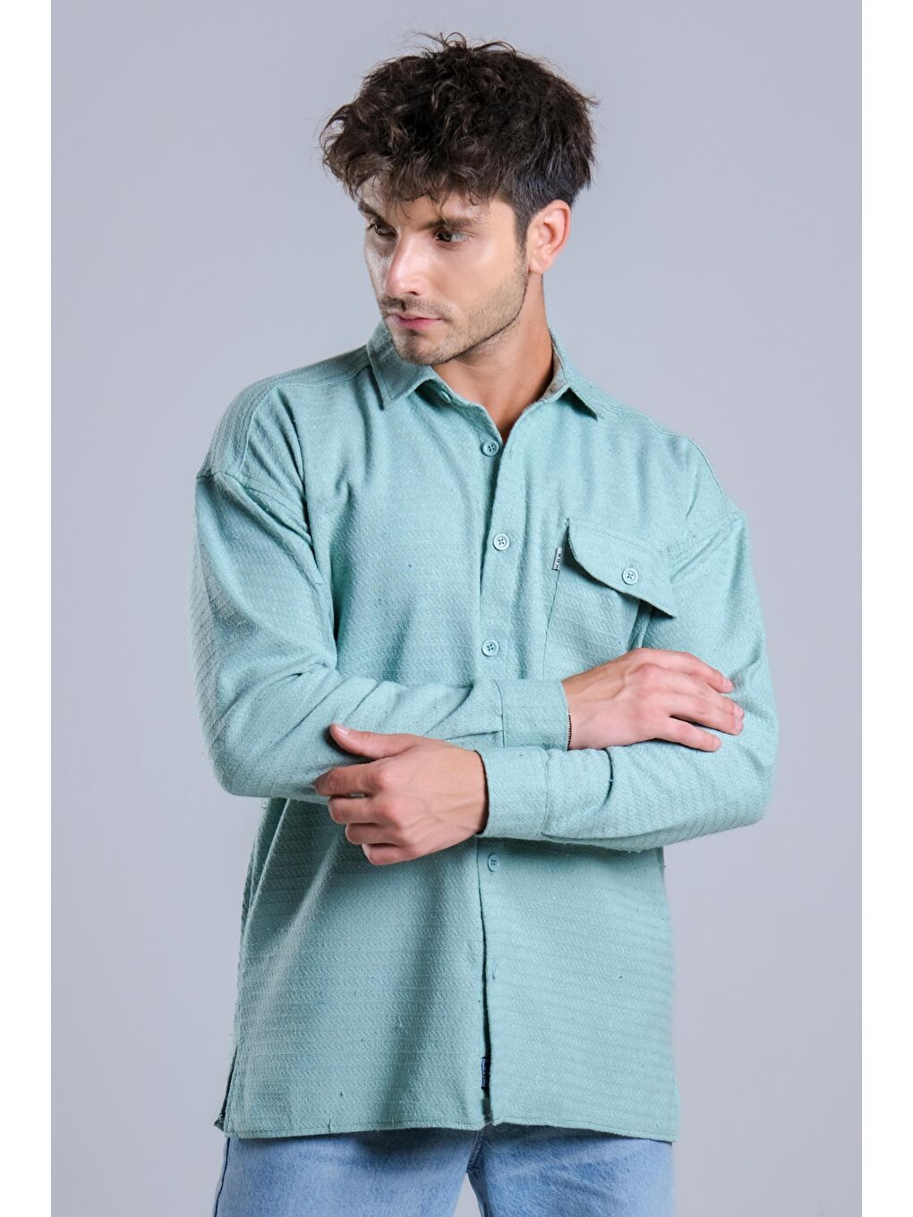 Turkuaz Oversize Tek Cepli Örme Gömlek MAR Over22-4