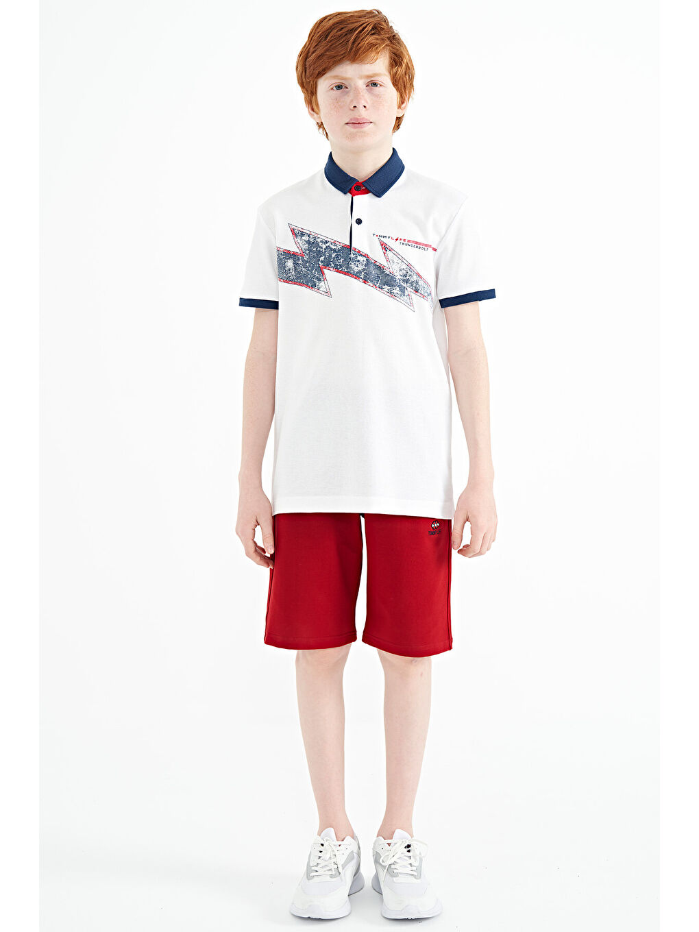 Beyaz Baskı Detaylı Standart Kalıp Polo Yaka Erkek Çocuk Tişört - 11154-1