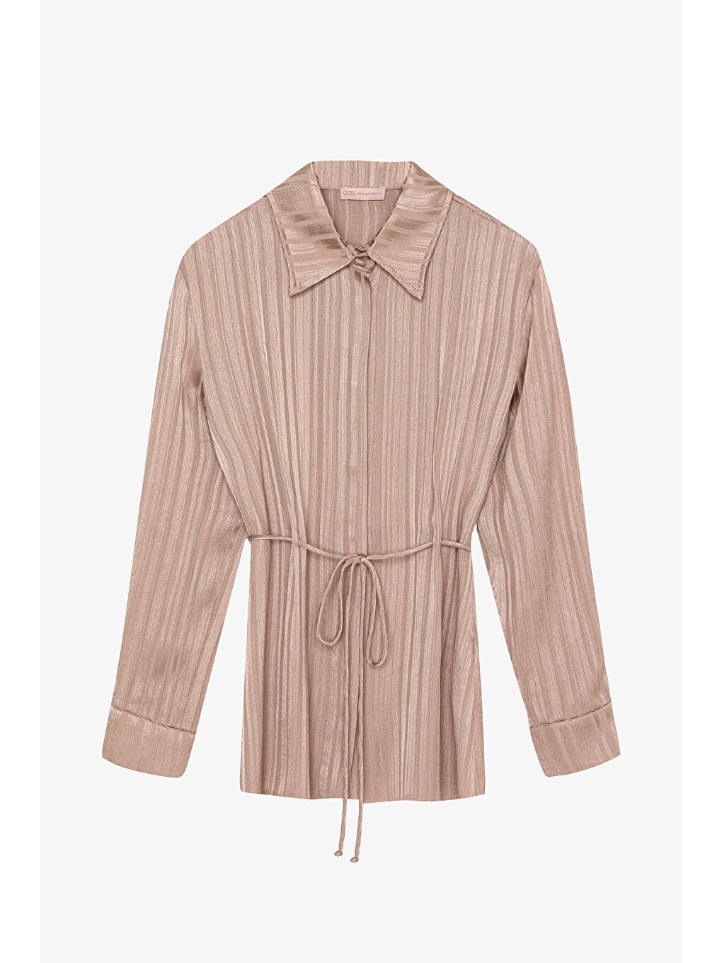 Bej Parlak Dokulu Çizgili Belden Bağlamalı Gömlek Vizon