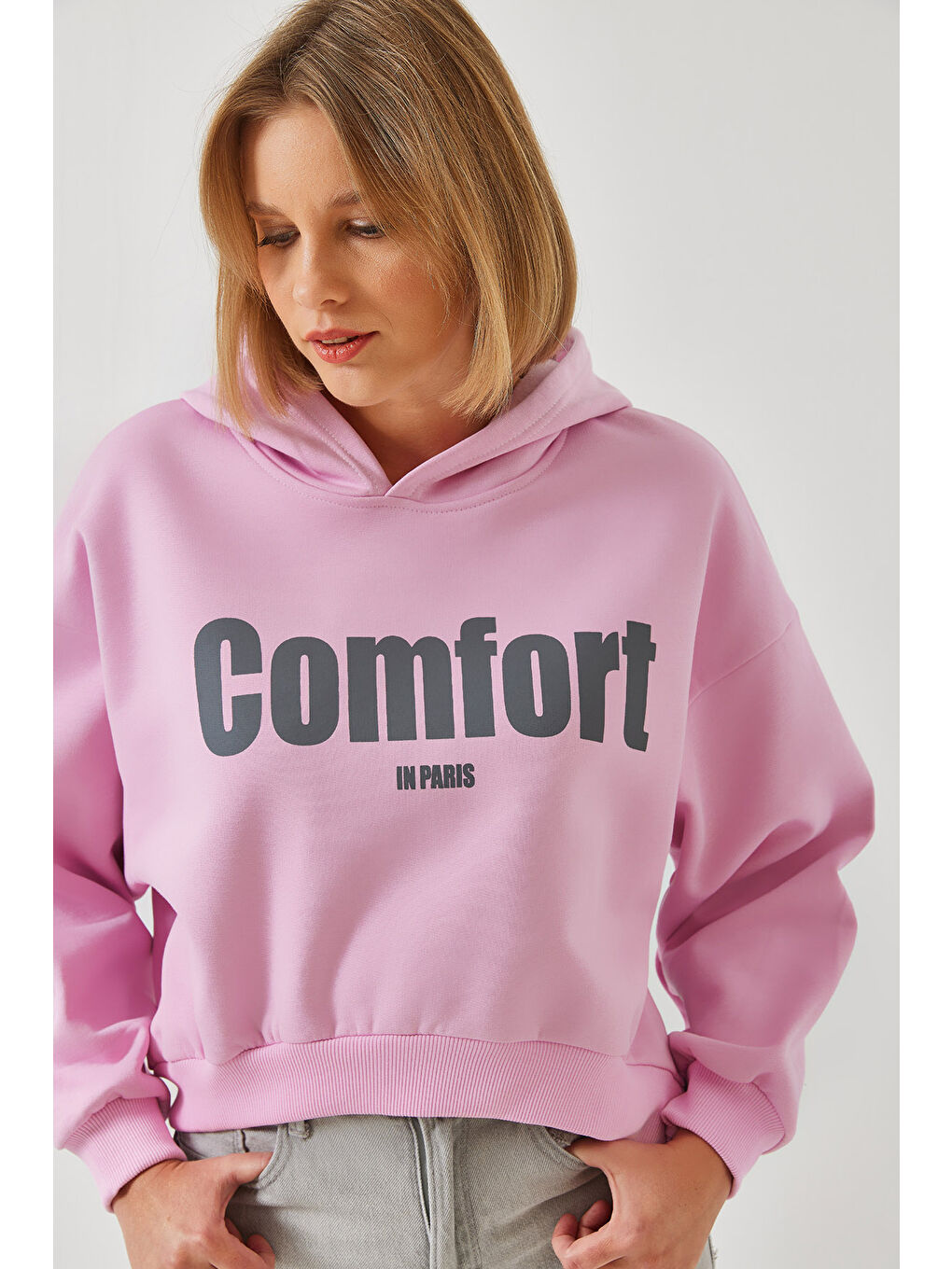 SHADE Pembe Kadın Üç İplik Şardonlu Yanları Fermuarlı Crop Sweatshirt